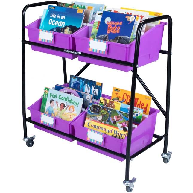 Really Good Stuff Mid-Size Mobile Storage Rack with 4 Picture Book Bins - Organizer Shelf for Classroom, Library & Kids Room Storage
