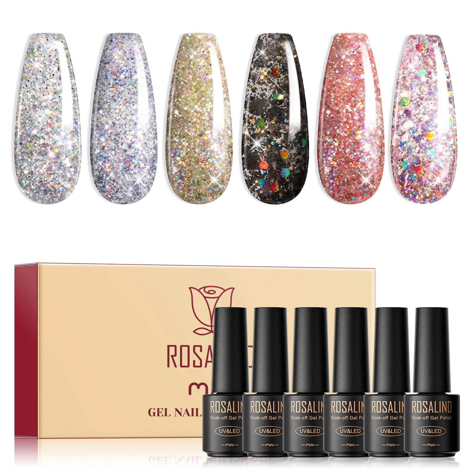 ROSALIND 6PCS Nude Gel Nail Polish Set - Long Lasting Glitter Nail Polish Collection for Salon & Home Manicure - Perfect for Weddings, Parties & Everyday Wear