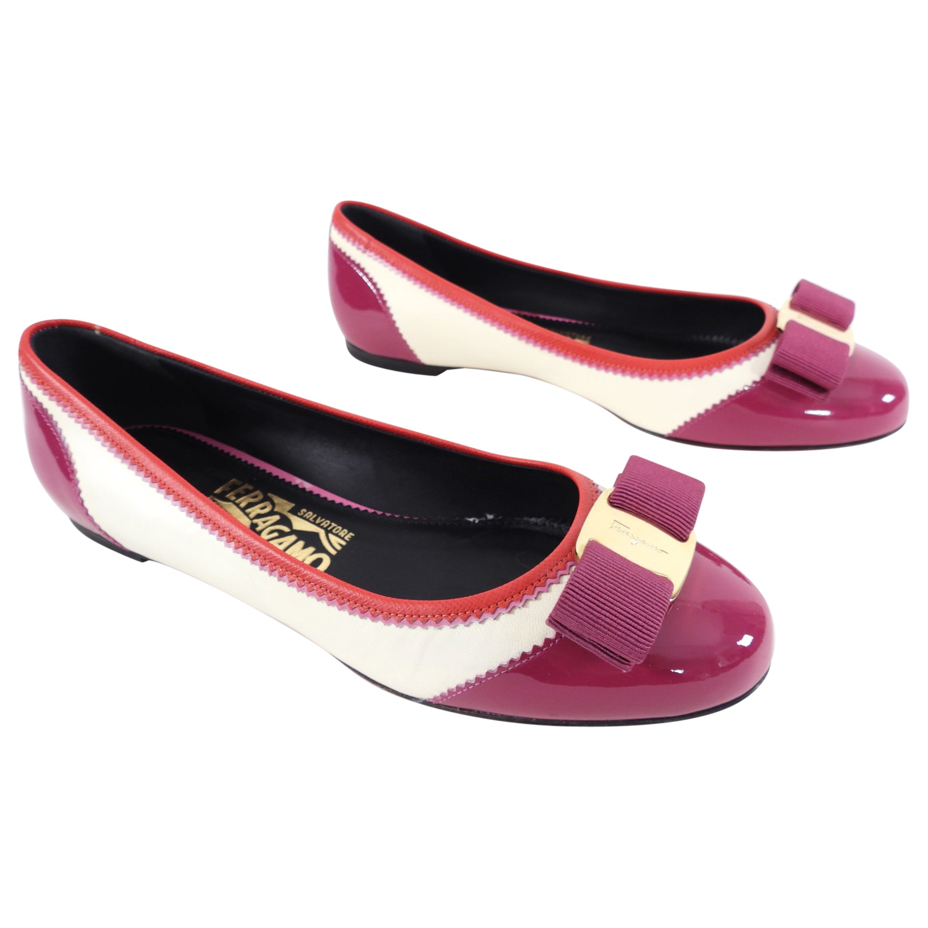 Ferragamo Pink Fuchsia Patent Leather Varina Ballet Flats - Women's Comfortable Dress Shoes for Work, Party & Wedding