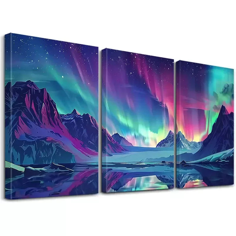 3-Piece Aurora Borealis Icy Mountains Canvas Art Set - Framed Wall Decor 50x70cm - High Quality Print - 100% Australian Made - Ready to Hang - Perfect for Living Room, Bedroom & Office Decor