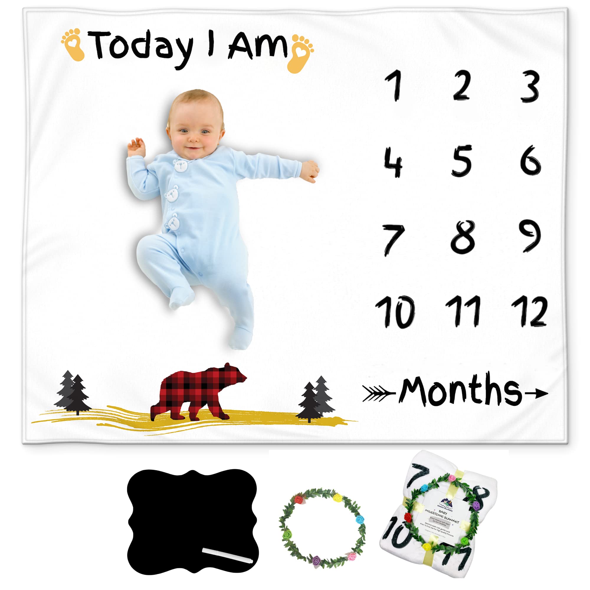 KEMINA Baby Milestone Blanket for Boys & Girls - Soft Plush Nursery Blanket with Bear Design, Neutral Baby Shower Gift for Newborn Photography & Monthly Milestone Tracking (Plaid Bear Pattern)