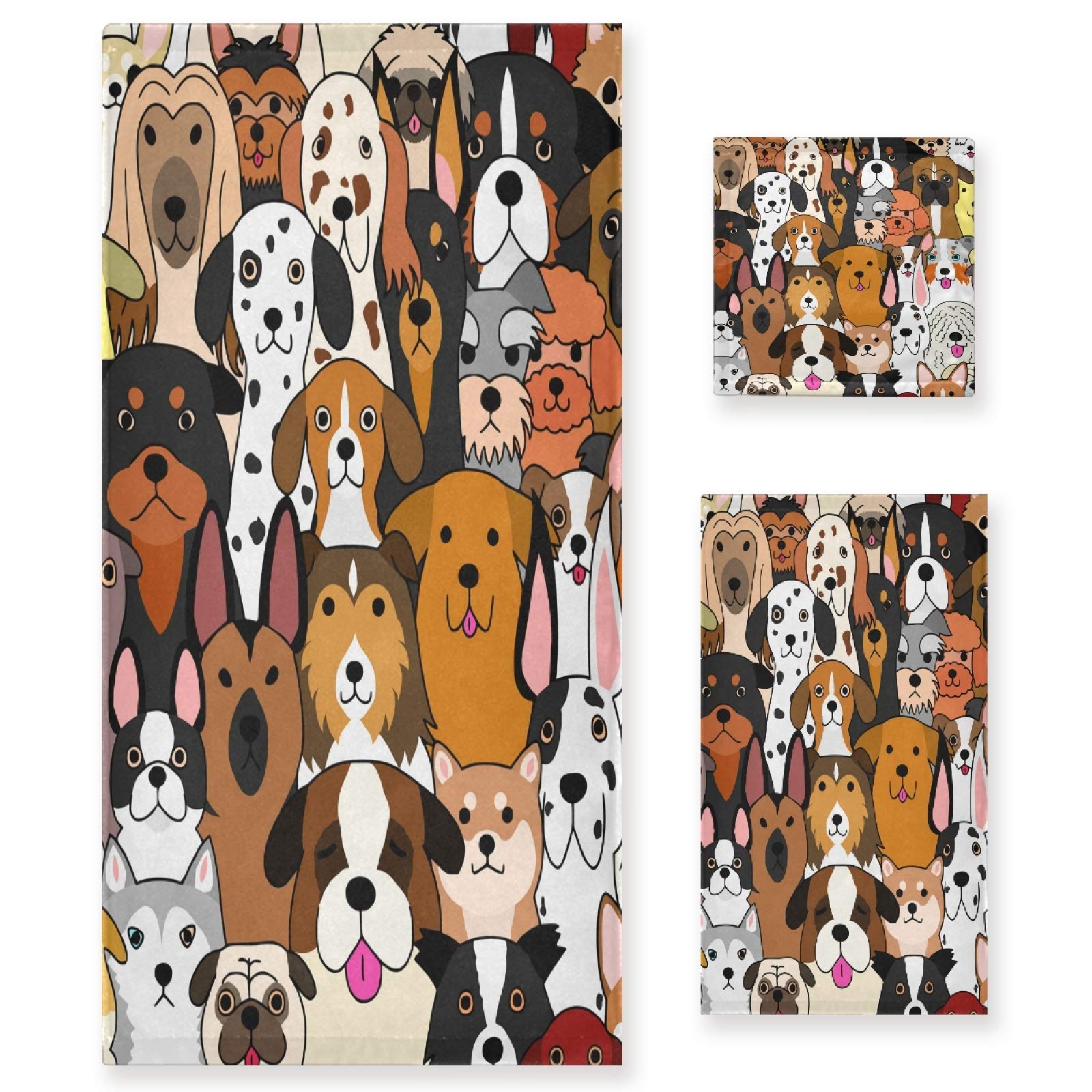 Cute Doodle Dog Print Bath Towel Set - 3 Piece Luxury Animal Themed Towels (Bath Towel, Hand Towel, Washcloth) - Ultra Soft Absorbent for Bathroom, Spa, Hotel & Home Decor
