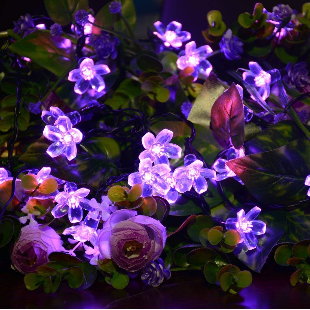 50LED Solar Fairy Lights Outdoor Waterproof - 7m Flower Solar String Lights for Garden, Patio, Lawn, Trees - Romantic Purple Blossom Lighting for Weddings, Parties & Home Decor