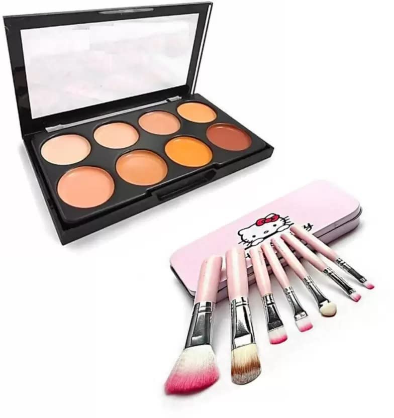 MASTADI 3-in-1 Face Contour Kit with Mini Makeup Brushes - Multicolor Compact & Pink Brush Set (2 Pack) | Perfect for Contouring, Highlighting & Blending - Ideal for Professional Makeup Artists & Beginners