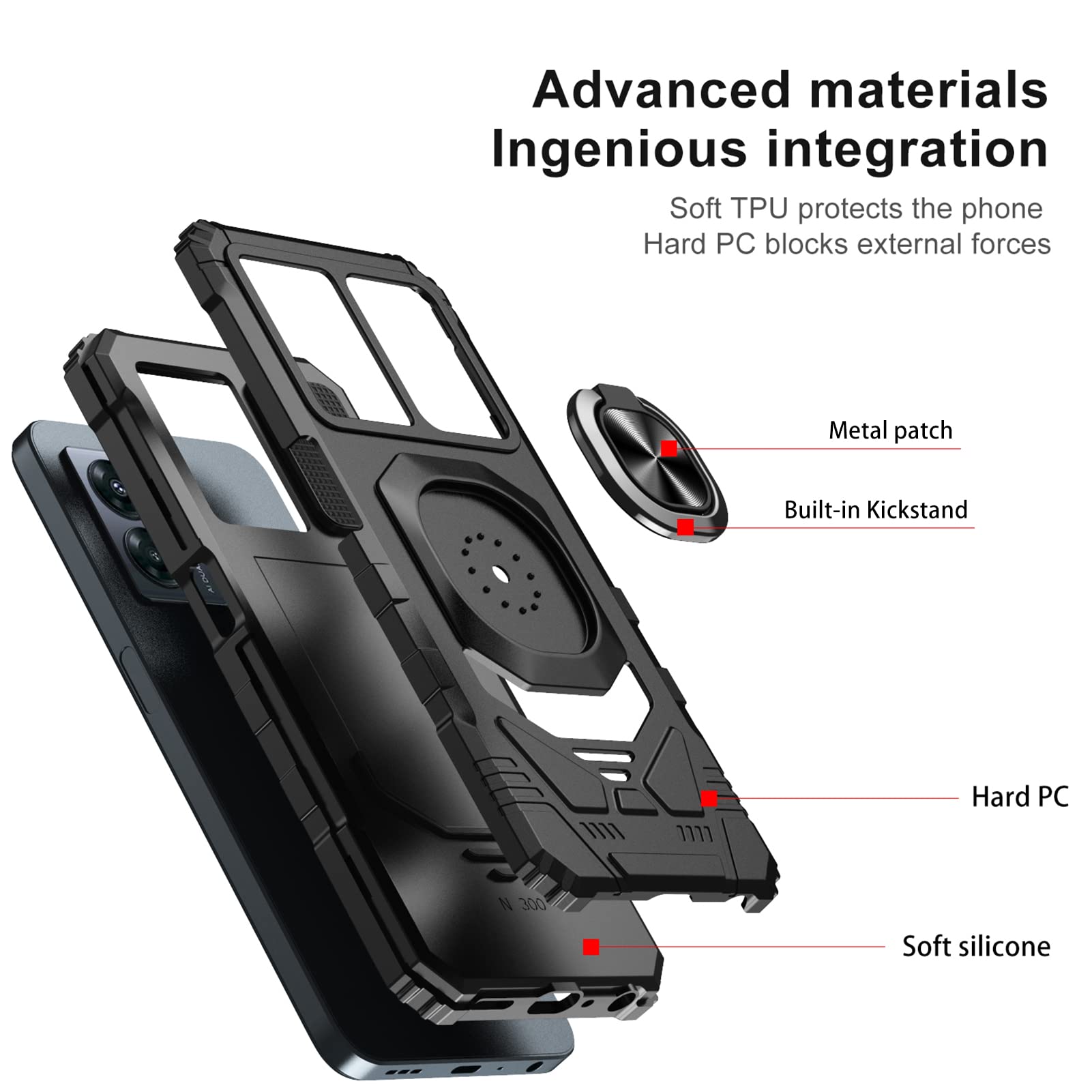 Ailiber Shockproof Case for OnePlus Nord N300 5G - Military Grade Protection with Tempered Glass Screen Protector & Magnetic Ring Kickstand | Perfect for Car Mount, Outdoor Activities & Daily Use - Black