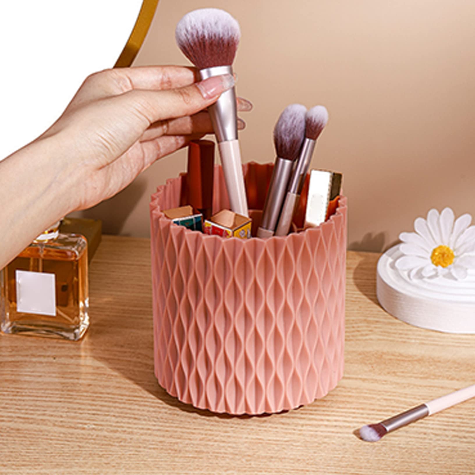 360° Rotating Makeup Brush Holder - Large Capacity Cosmetic Organizer with Rotating Base, Pink Vanity Desk Organizer for Brushes, Pens & Beauty Tools | Perfect for Makeup Vanity, Bathroom Counter & Office Desk Organization