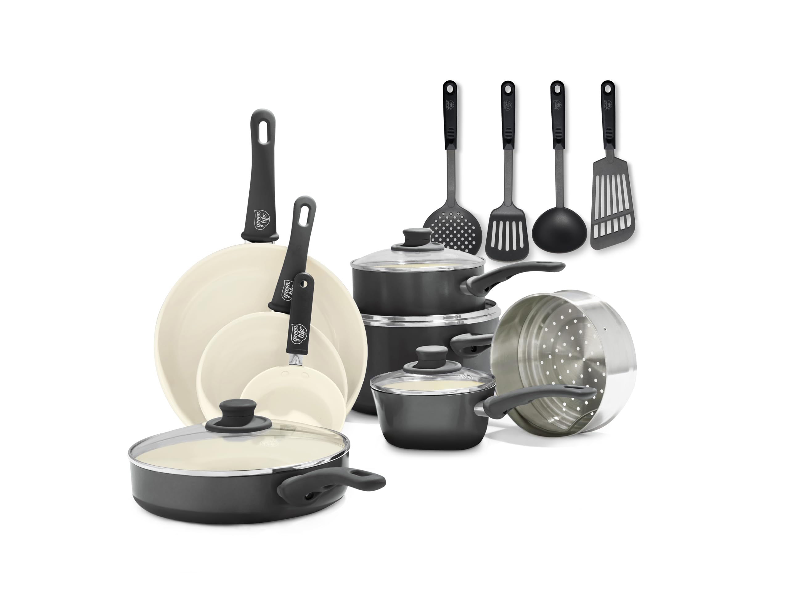 GreenLife Soft Grip 16-Piece Non-Toxic Ceramic Nonstick Cookware Set - PFAS-Free, Oven & Dishwasher Safe Pots and Pans with Glass Lids & Stay-Cool Handles - Perfect for Frying, Sauteing, and Cooking Sauces - Ideal for Home Chefs and Healthy Meal Prep
