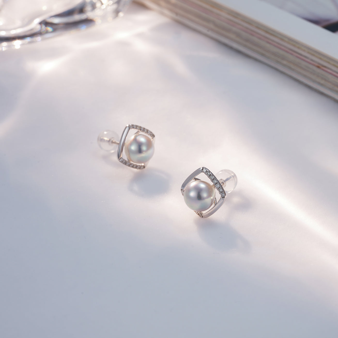 18K Gold Diamond Silver Blue Akoya Pearl Earrings for Women - Luxury Elegant Pearl Jewelry Gift for Wedding, Anniversary & Special Occasions - KE00126