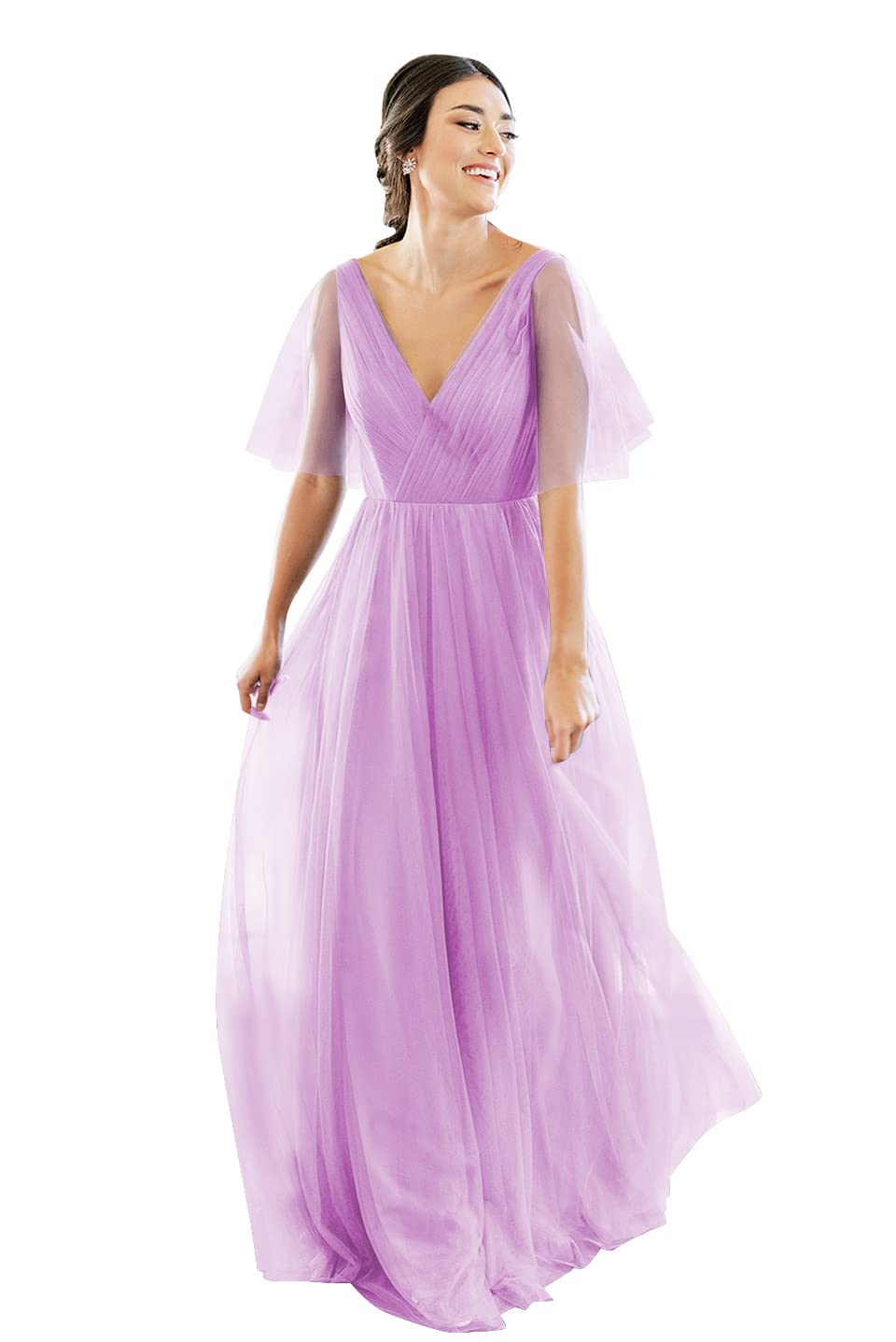 Elegant V-Neck Short Sleeve Tulle Bridesmaid Dress for Women - Backless Long Formal Gown for Weddings, Proms & Special Occasions | Perfect for Bridal Parties, Evening Events & Red Carpet Looks