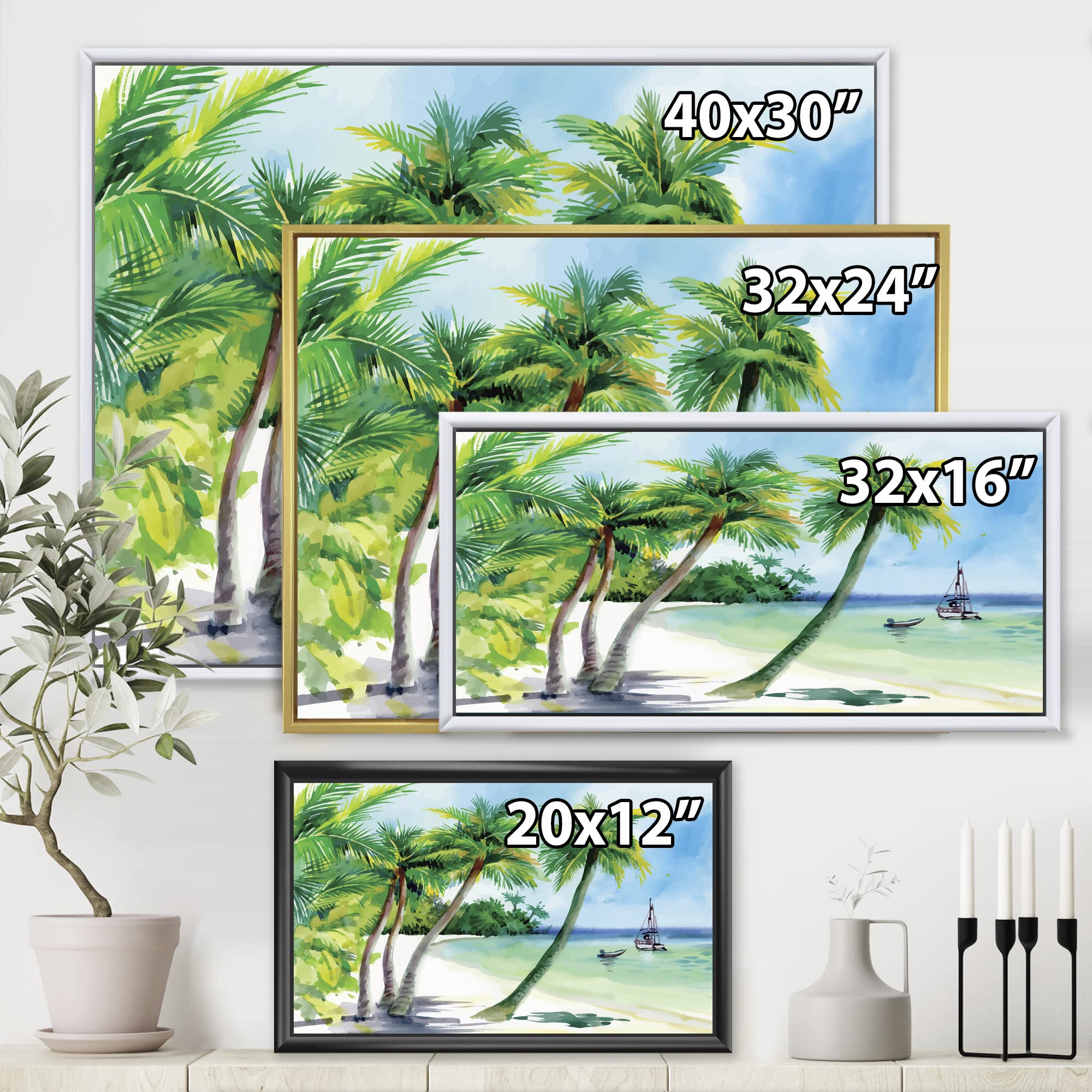 DesignQ Summer Beach With Palm Trees - Coastal Framed Canvas Wall Art Print for Living Room, Bedroom & Office Decor | Nautical Theme Home Décor