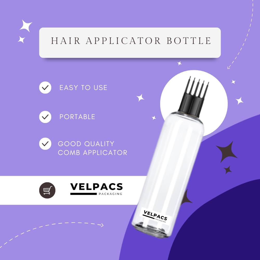 VELPACS 200ml Empty Plastic Bottle for Hair Oil, Rosemary Tea, Hair Color & Shampoo | Travel-Friendly Hair Root Applicator with Comb Head | Perfect for DIY Hair Treatments & On-the-Go Use (Pack of 3)