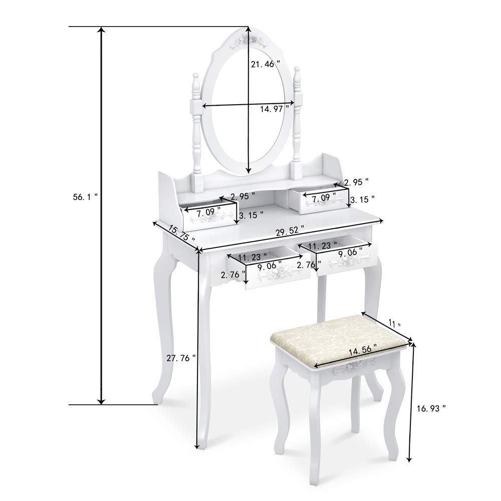 Modern 4-Drawer Makeup Vanity Table with 360° Rotating Mirror - White Dresser with Removable Mirror & Storage Drawers - Perfect for Bedroom, Dressing Room & Beauty Salon Organization