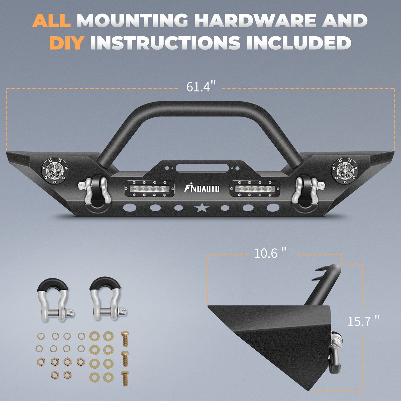 FINDAUTO Upgraded Textured Black Rock Crawler Front Bumper with D-Ring & Winch Plate | Compatible with 2007-2018 Jeep Wrangler JK | LED Light Bar Included | Off-Road Adventure & Heavy-Duty Protection