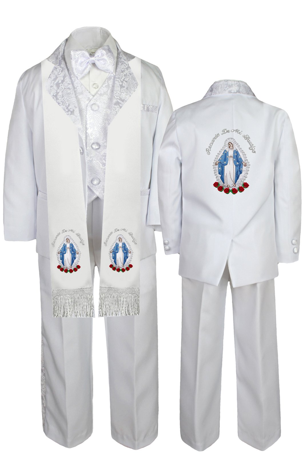 Baby Christening White Tuxedo with Virgin Mary Embroidery - Formal Outfit for Boys & Girls - Perfect for Baptism, First Communion & Special Occasions
