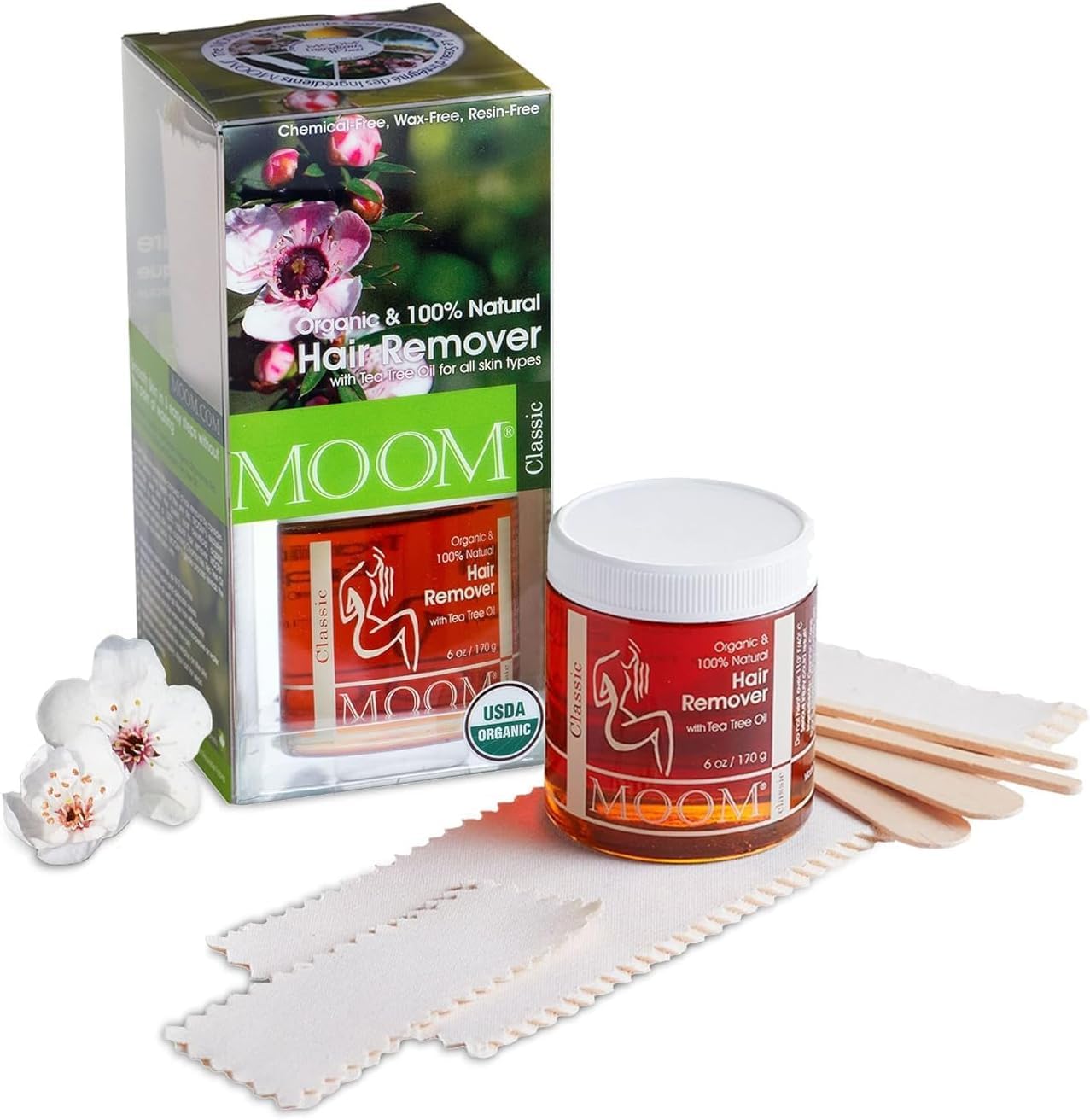 MOOM Organic Hair Removal Kit - Natural Waxing Solution for Sensitive Skin with Lavender, Tea Tree Oil, Avocado & Green Tea | Includes Reusable Strips & Sticks | Perfect for Face, Bikini, Legs & Body Hair Removal at Home or Salon