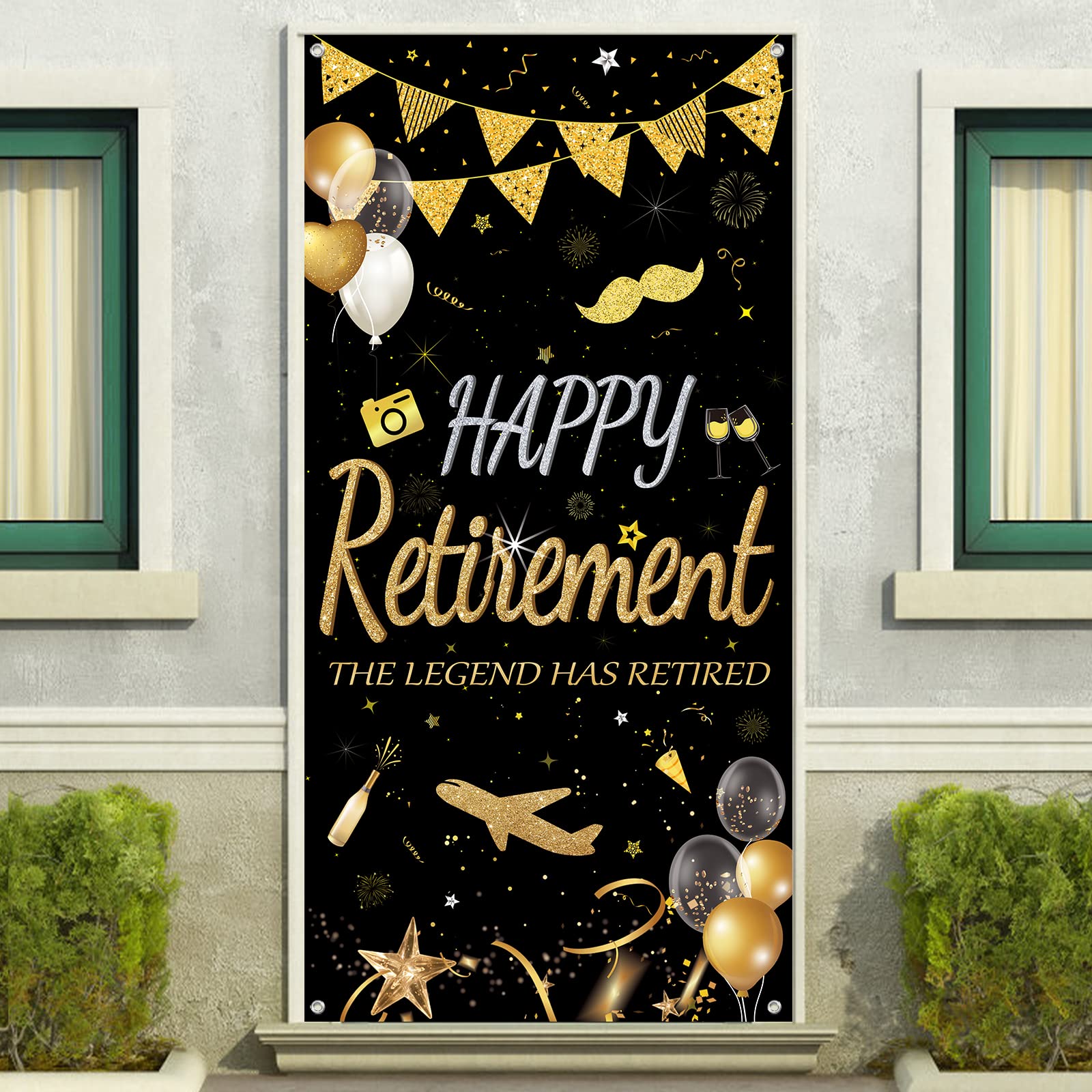 Extra Large Happy Retirement Door Cover - 75 x 37 Inch Black & Gold Fabric Banner for Retirement Party Decorations, Photo Booth Backdrop & Celebration Background with Rope - Perfect for Retirement Parties, Office Decor & Milestone Celebrations