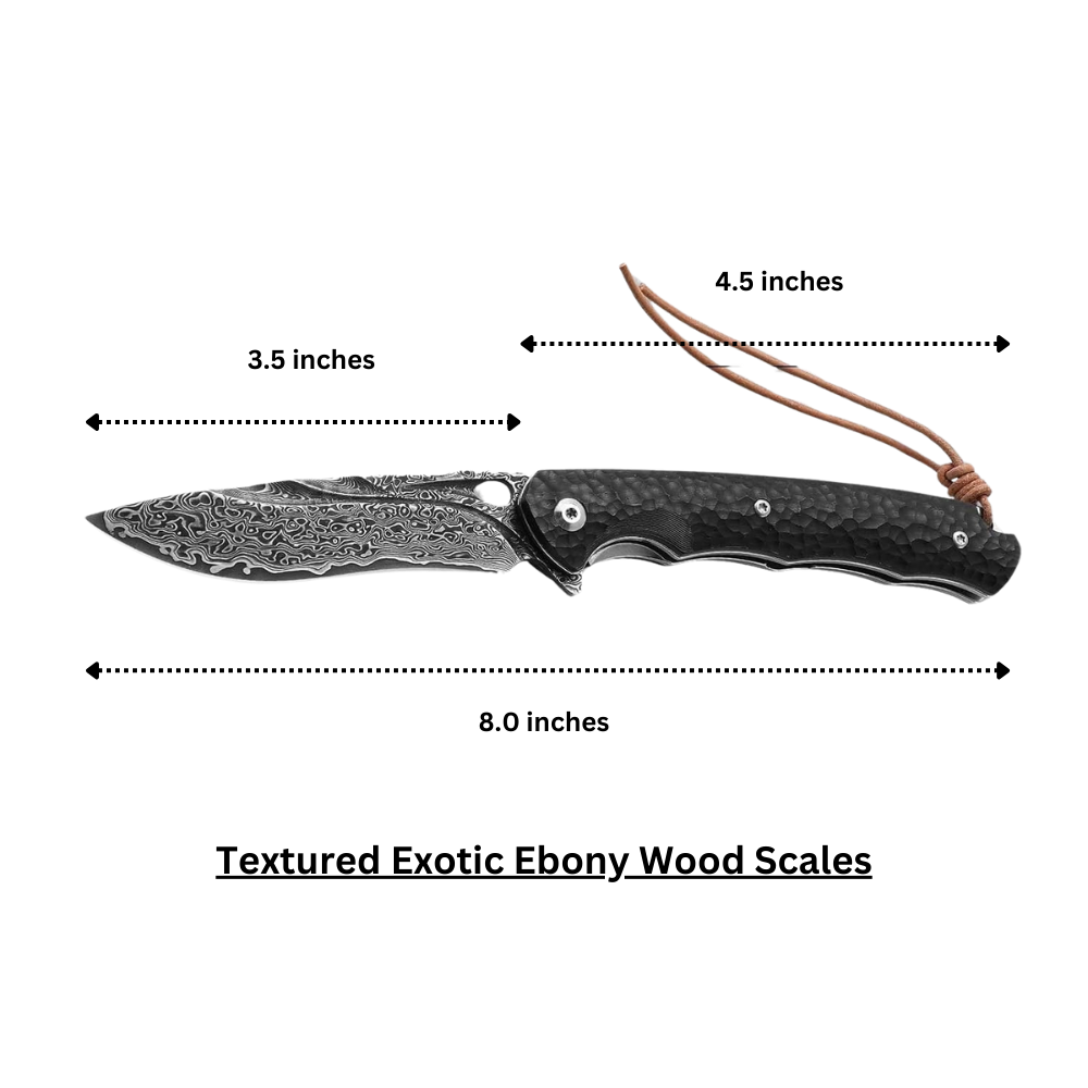 Premium Handmade Stainless Damascus Folding Pocket Knife - Ebony Wood Handle with Clip | EDC, Camping, Hunting & Outdoor Survival Gear