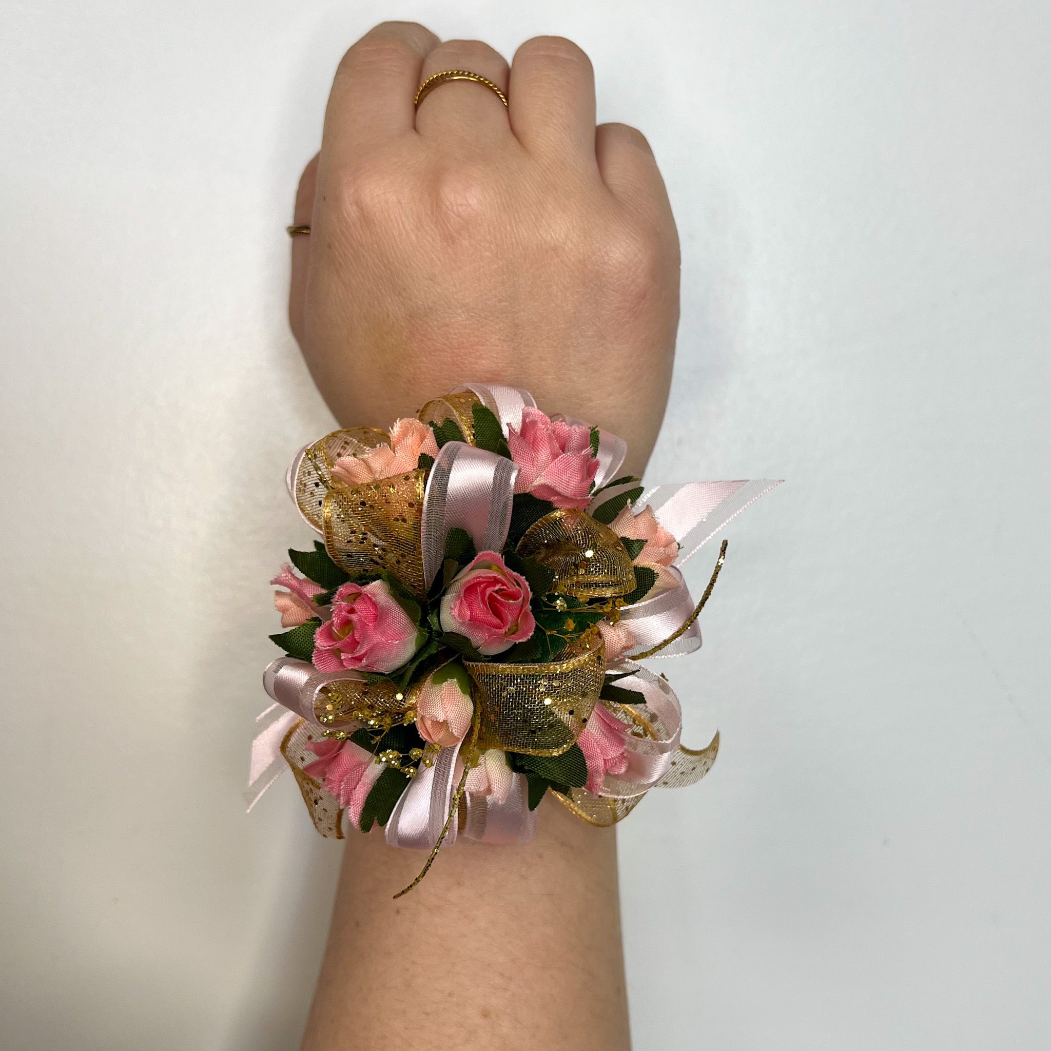 Elegant Pink and Gold Silk Corsage for Weddings, Prom, Bridal Bouquets - Handmade Floral Accessory for Special Occasions