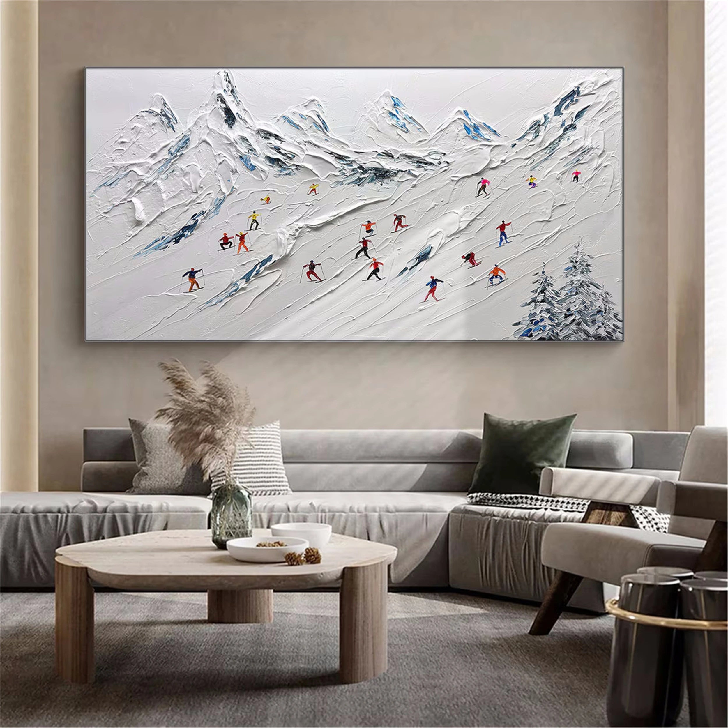 Premium Skiing Sport Art Textured Painting Canvas Wall Decor - Winter Sports Theme Home & Office Decoration (Style #MM115) | Perfect for Living Room, Bedroom, Ski Lodge & Cabin Decor