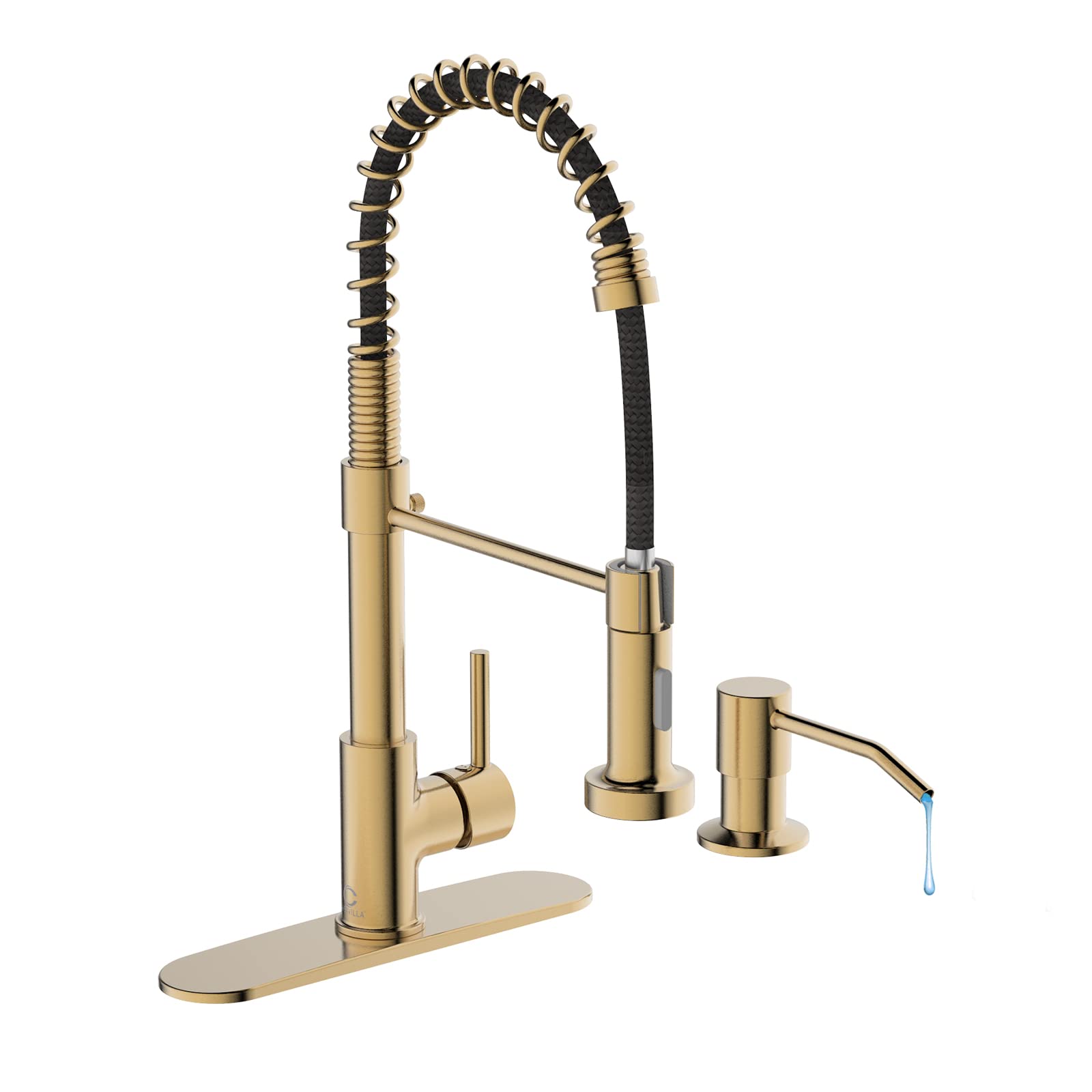 Brushed Gold Kitchen Faucet with Soap Dispenser & Deck Plate - Single Handle Stainless Steel Pull Down Sprayer for Farmhouse, RV & Camper Sinks | Perfect for Modern Kitchens & Small Space Living