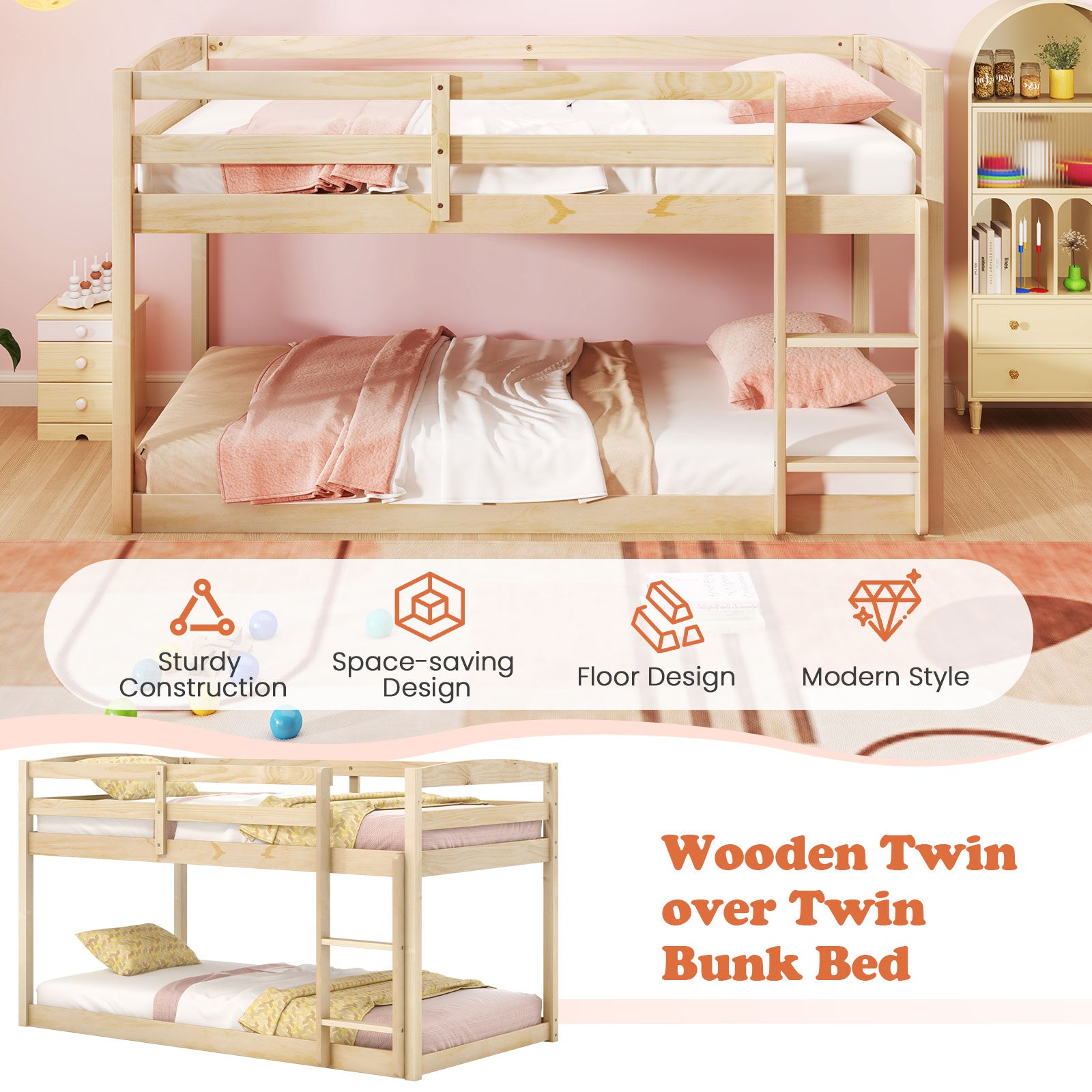 Costway Twin Size Bunk Bed with Integrated Ladder & High Guardrails - Space-Saving Kids Bedroom Furniture for Small Rooms, Dorms, and Sleepovers