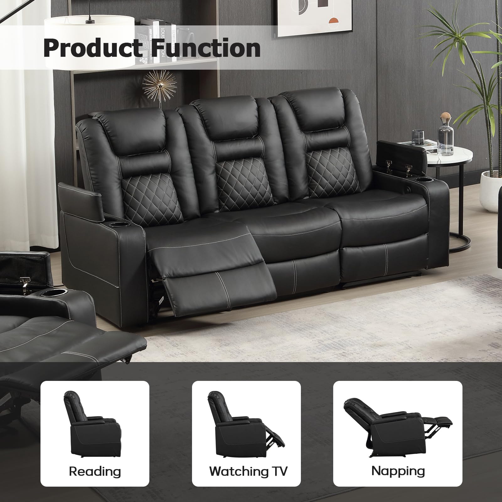 Premium Faux Leather Home Theater Seating - 3-Seat Power Recliner Sofa with USB Charging, Cup Holders & Hidden Storage | Perfect for Movie Nights, Gaming & Entertainment Rooms