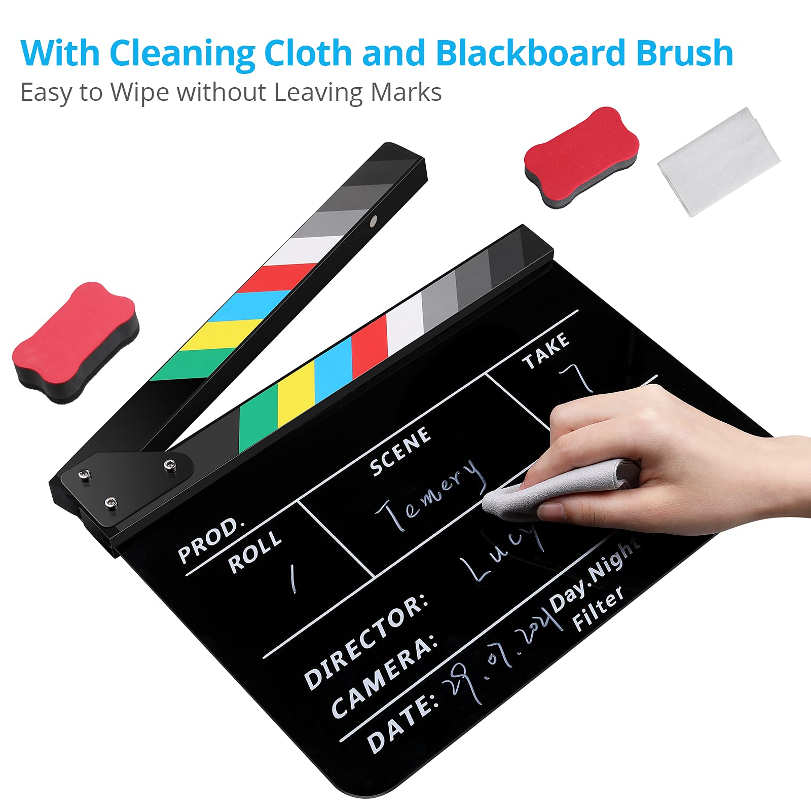 Professional 12 x 10 Inch Acrylic Film Clapper Board with Magnetic Blackboard Eraser - Movie Slate Clapperboard for Filmmaking, Theater Decor, Video Production & YouTube Content Creation - Includes 2 Custom Pens, Cleaning Cloth & Hexagonal Wrench