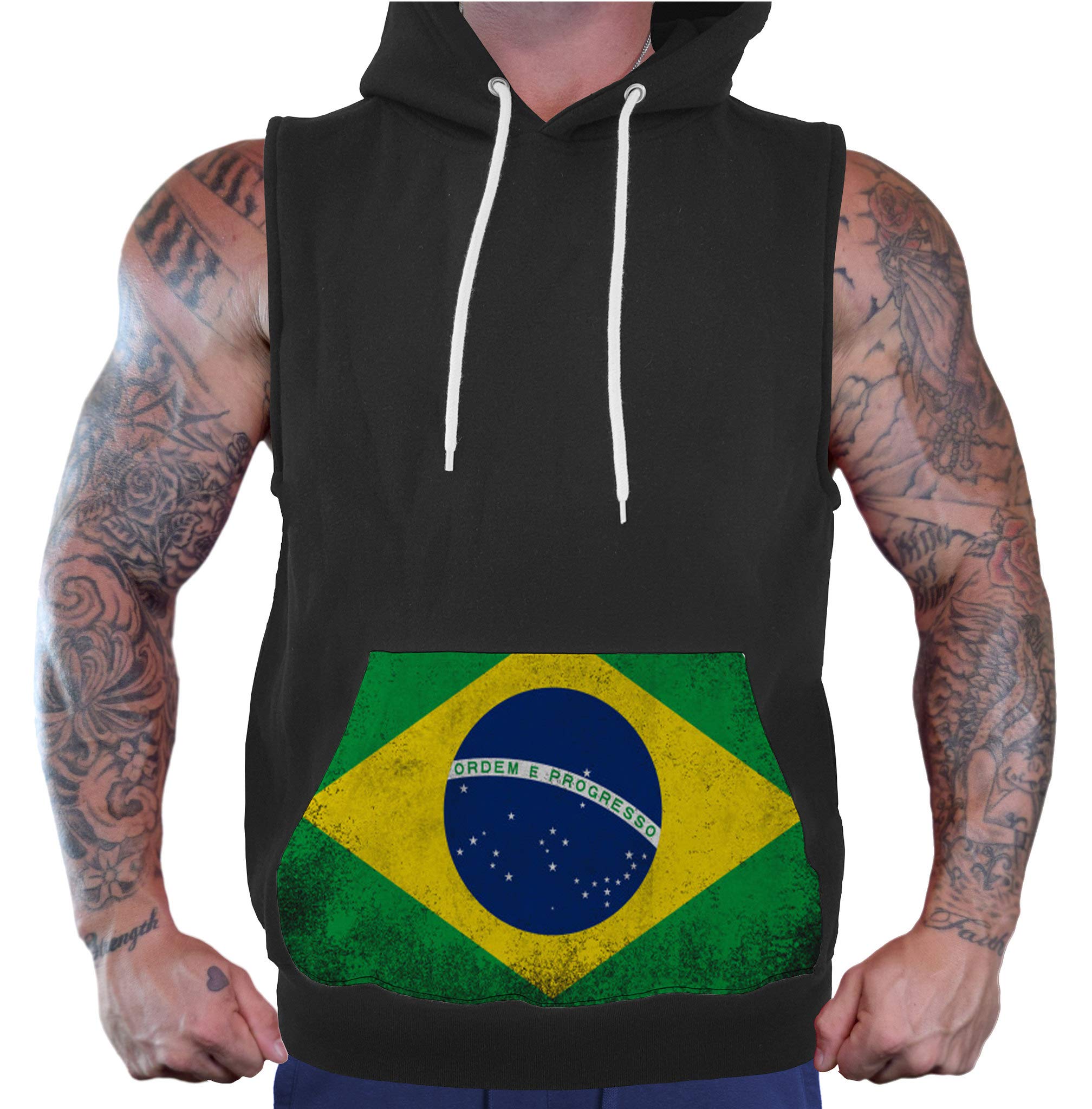 Brazil Flag Print Men's Hooded Vest - Lightweight Black Zip-Up Hoodie with Pockets for Casual Wear, Street Style & Patriotic Events