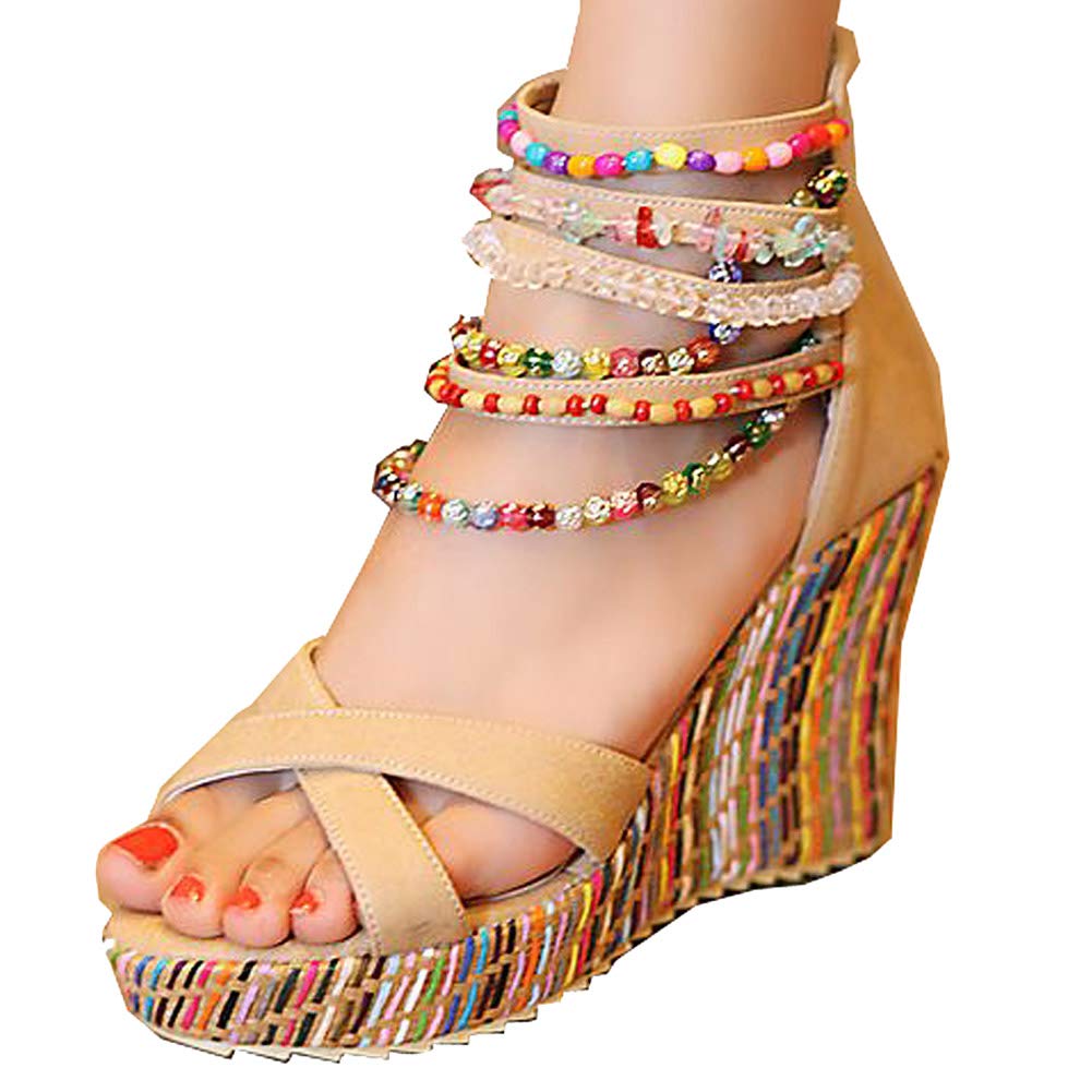 Getmorebeauty Women's Pearl Embellished Wedge Sandals - Comfortable Platform High Heels for Summer, Beach, and Casual Outings