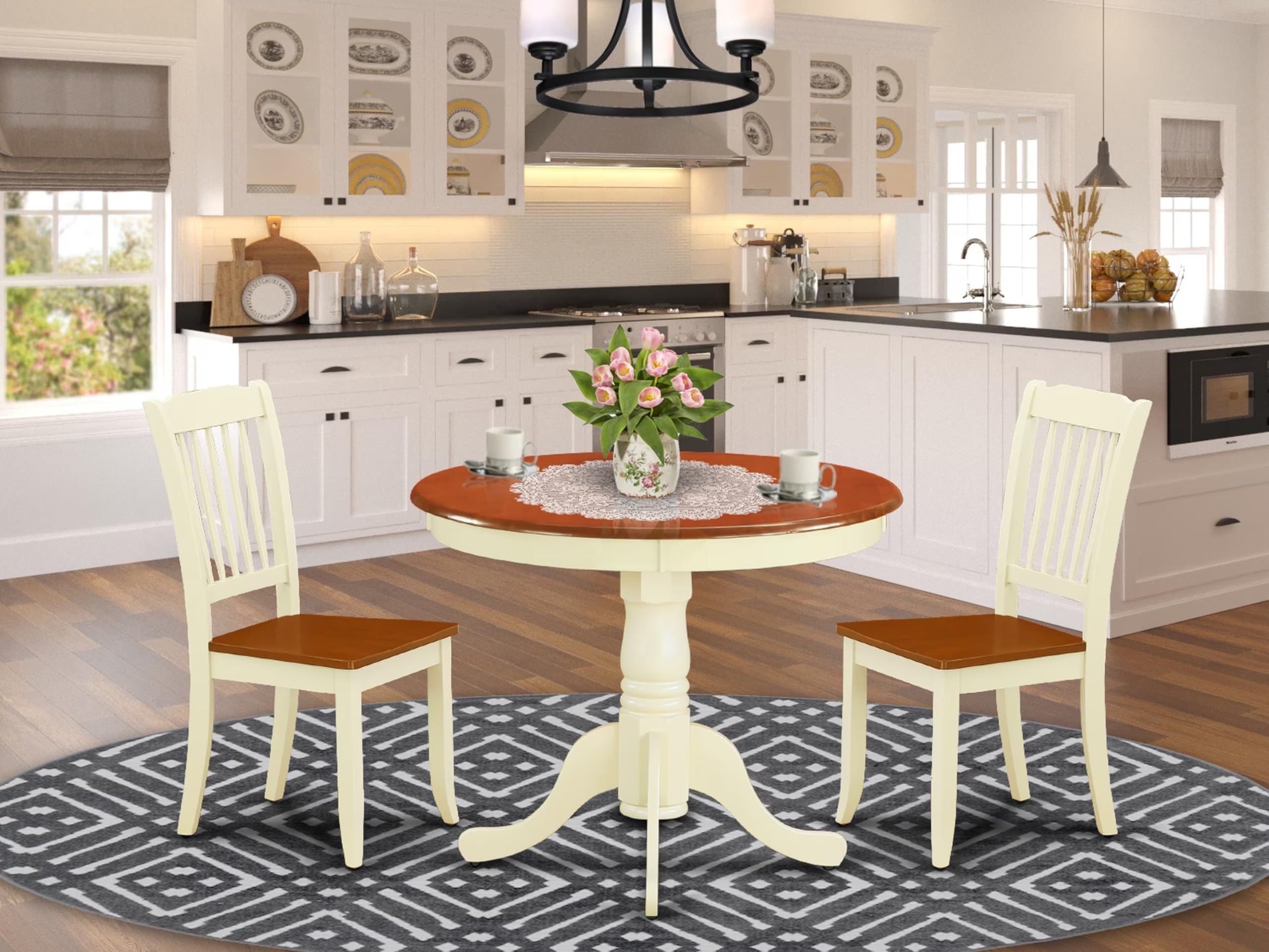 East West Furniture ANDA3-BMK-W 3-Piece Round Kitchen Table Set with Pedestal Base & 2 Dining Chairs - 36x36 Inches, Buttermilk & Cherry - Perfect for Small Spaces, Breakfast Nooks & Cozy Apartments
