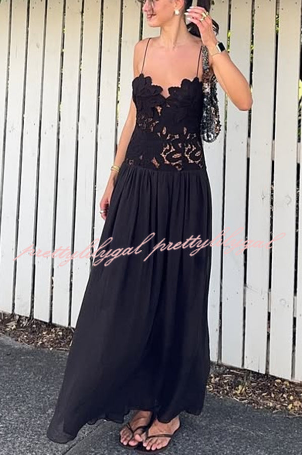Stephanie Floral Crochet Lace Bust Chiffon Flowy Hem Maxi Dress for Women - Elegant Summer Beach Wedding Party Dress