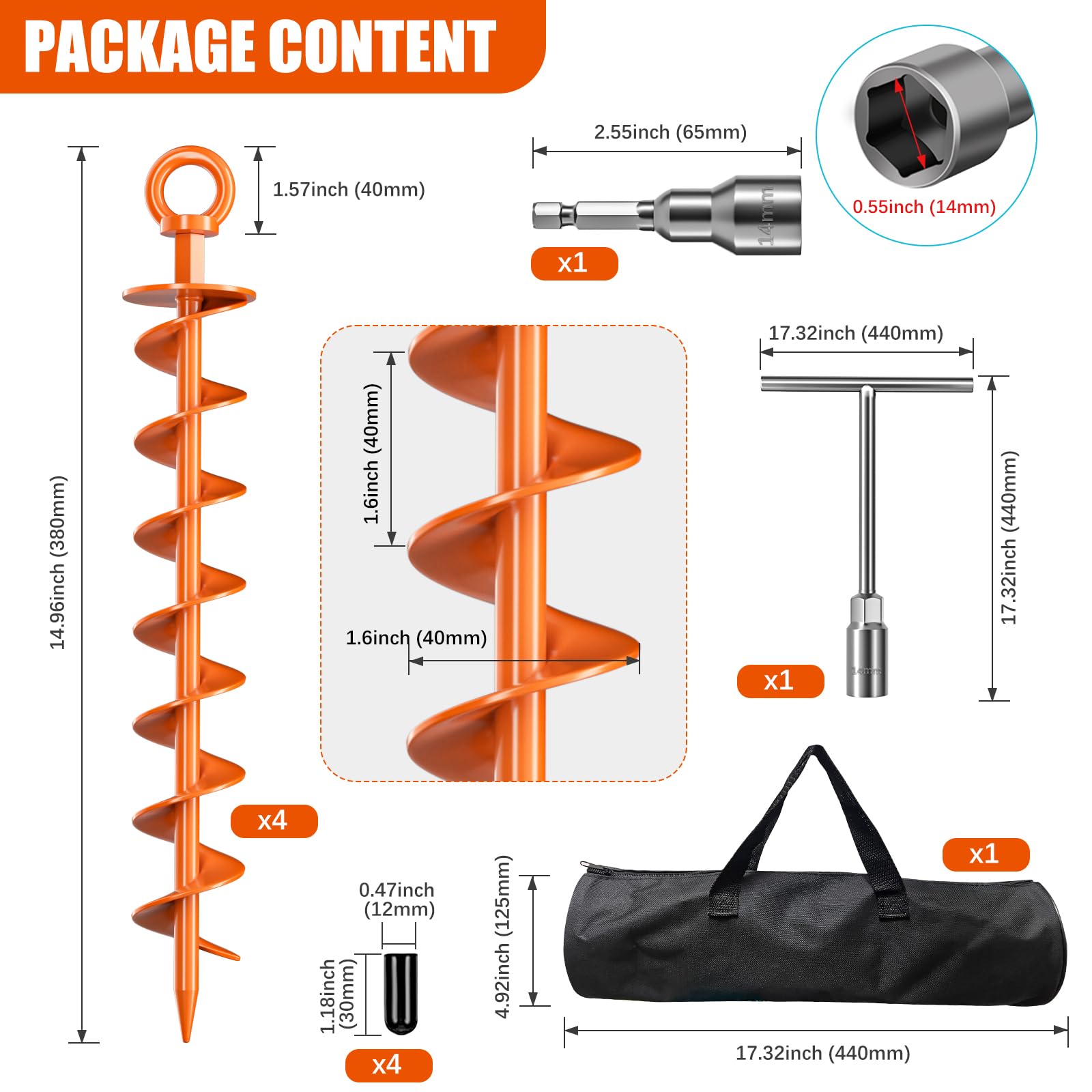 Phopich 4-Pack Heavy Duty Spiral Ground Anchors with Nut & Tool - High Wind Resistance for Trampolines, Swing Sets, Tents, Sheds & Mobile Homes - Durable Outdoor Screw-in Anchors (Orange) - Perfect for Securing Equipment in Windy Weather & Storm Protection