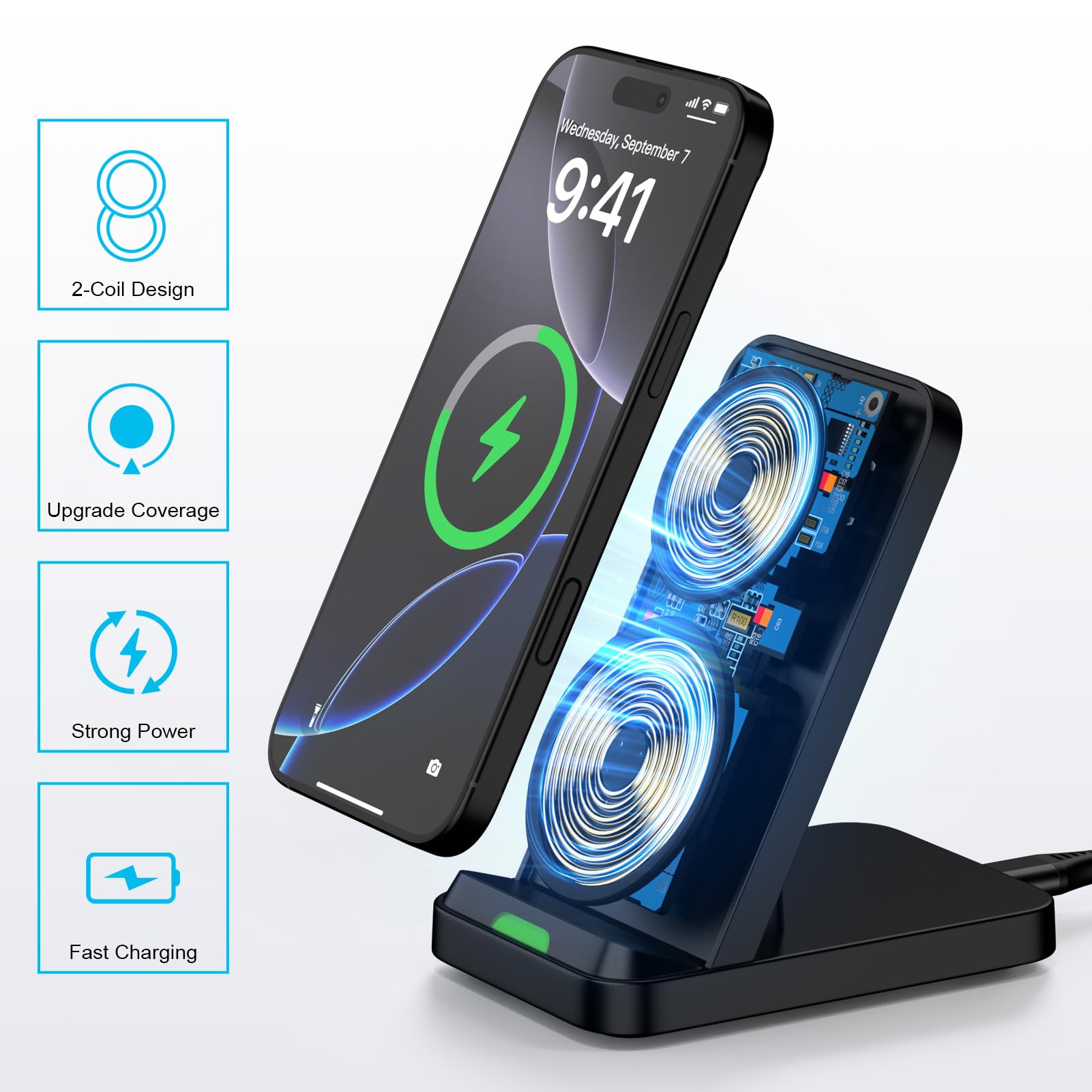 Fast Wireless Charging Stand for Samsung Galaxy S25/S24/S23/S22/S21, iPhone 16/15/14/13, Pixel 9/8 - 15W Qi-Certified Cordless Charger with Adapter | Perfect for Home, Office & Nightstand Charging