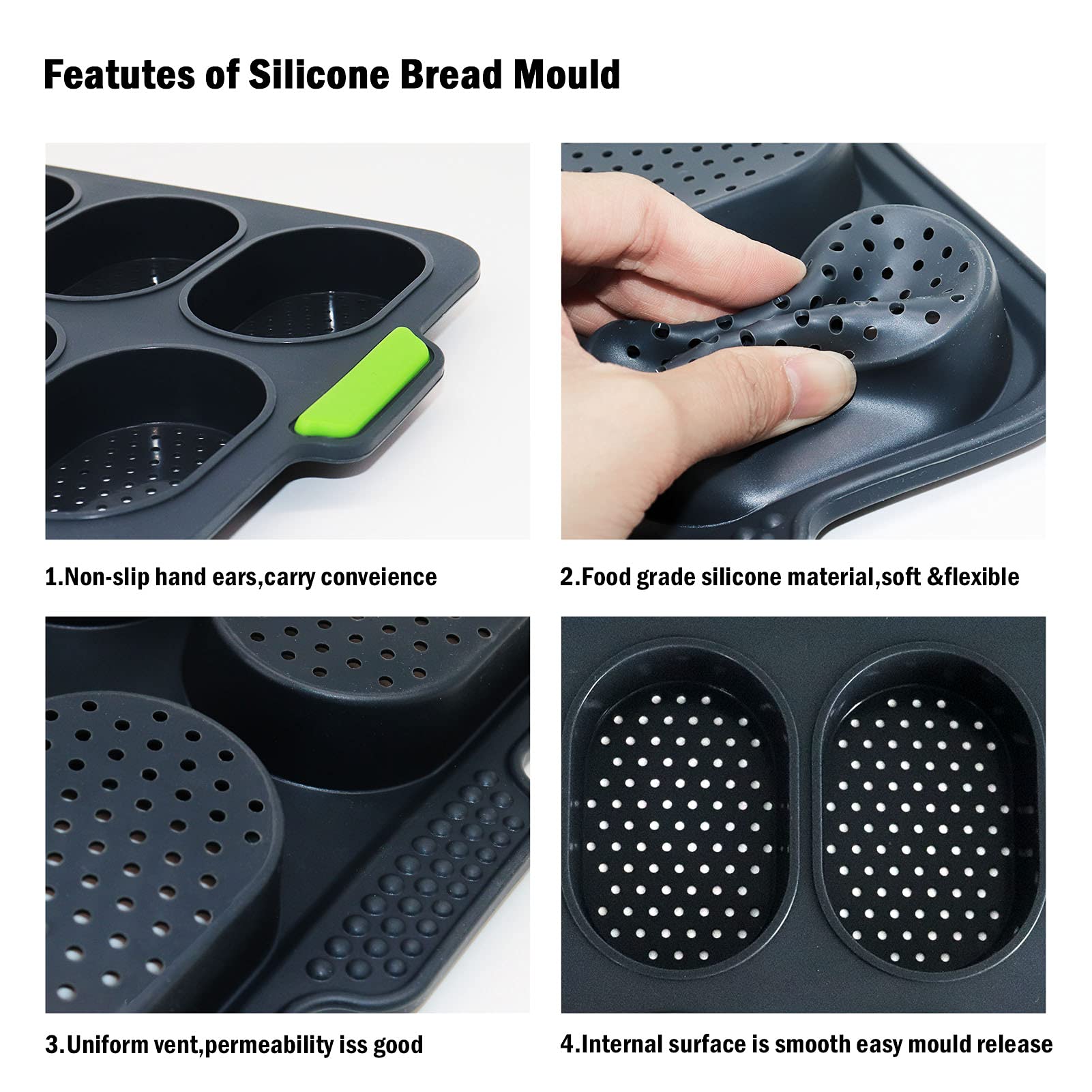 Non-Stick Silicone Mini Baguette Baking Tray - 8 Loaf Perforated Bread Mold Pan for Homemade French Bread (Dark Gray) | Perfect for Baking, Meal Prep & Gift Giving