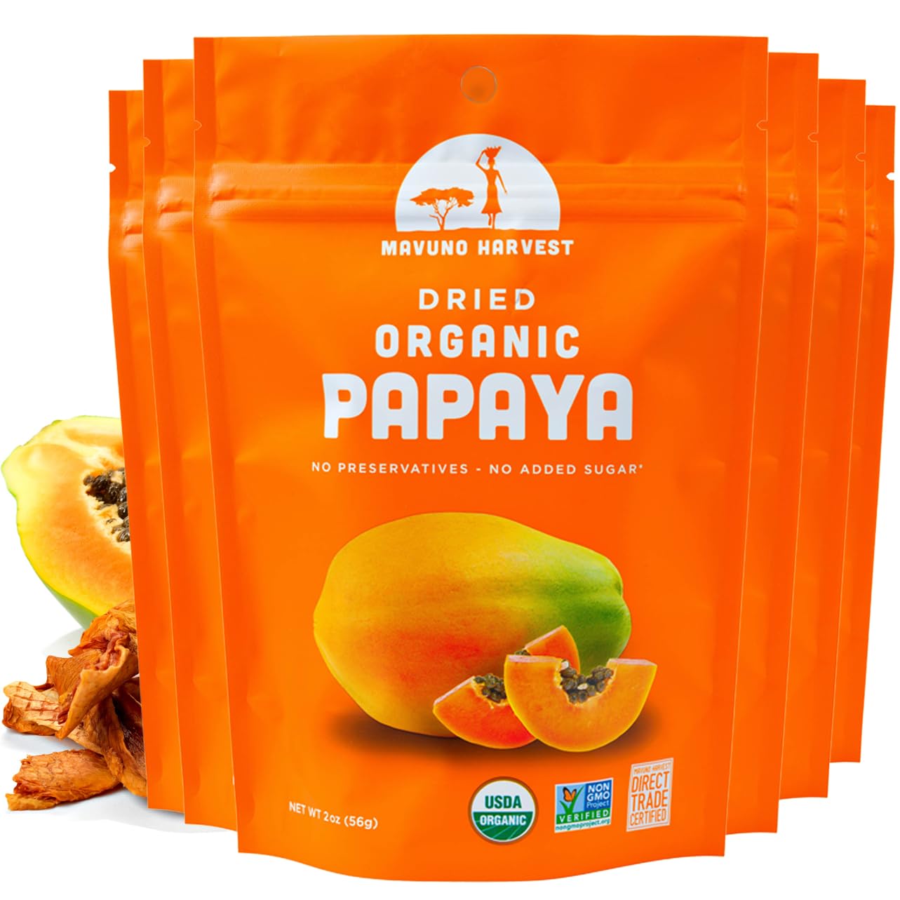 Organic Dried Papaya Slices by Mavuno Harvest | Gluten-Free, Vegan, Non-GMO Healthy Snack | No Sugar Added, 2oz Pack of 6 | Perfect for Lunchboxes, Hiking, Travel & On-the-Go Snacking