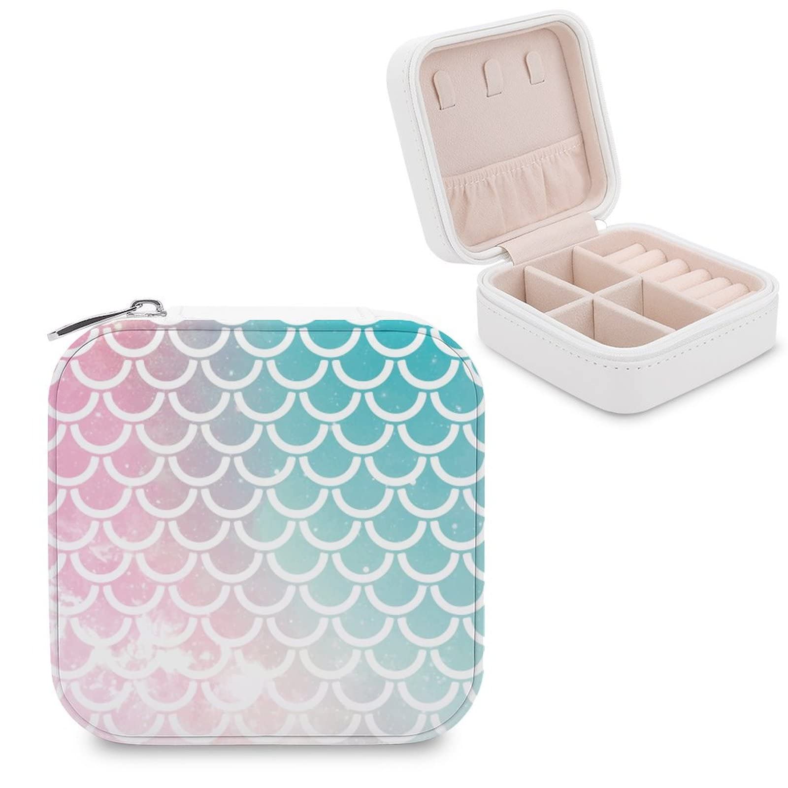 Elegant Small Jewelry Box - Portable Travel Organizer for Rings, Earrings & Necklaces | Mermaid Scale Design in Baby Pink & Turquoise | Perfect Gift for Women & Girls | Great for Travel, Home Storage & Display