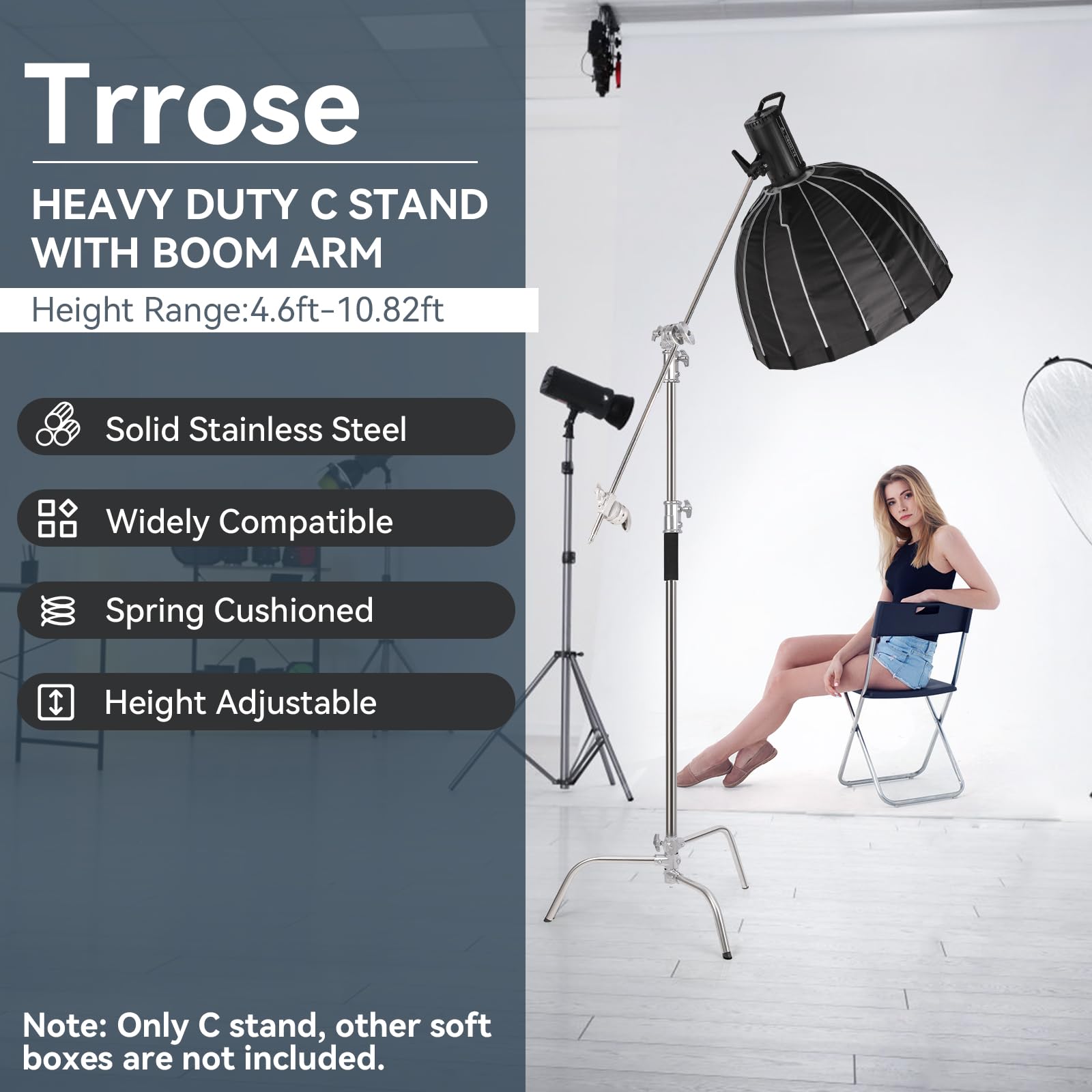 Professional C Stand with Boom Arm - 10.82ft/330cm Heavy Duty Stainless Steel Photography Light Stand, 3.6ft/110cm Adjustable Boom Arm for Studio Strobe Lights, Softboxes & Reflectors - Perfect for Photography, Videography & Film Production