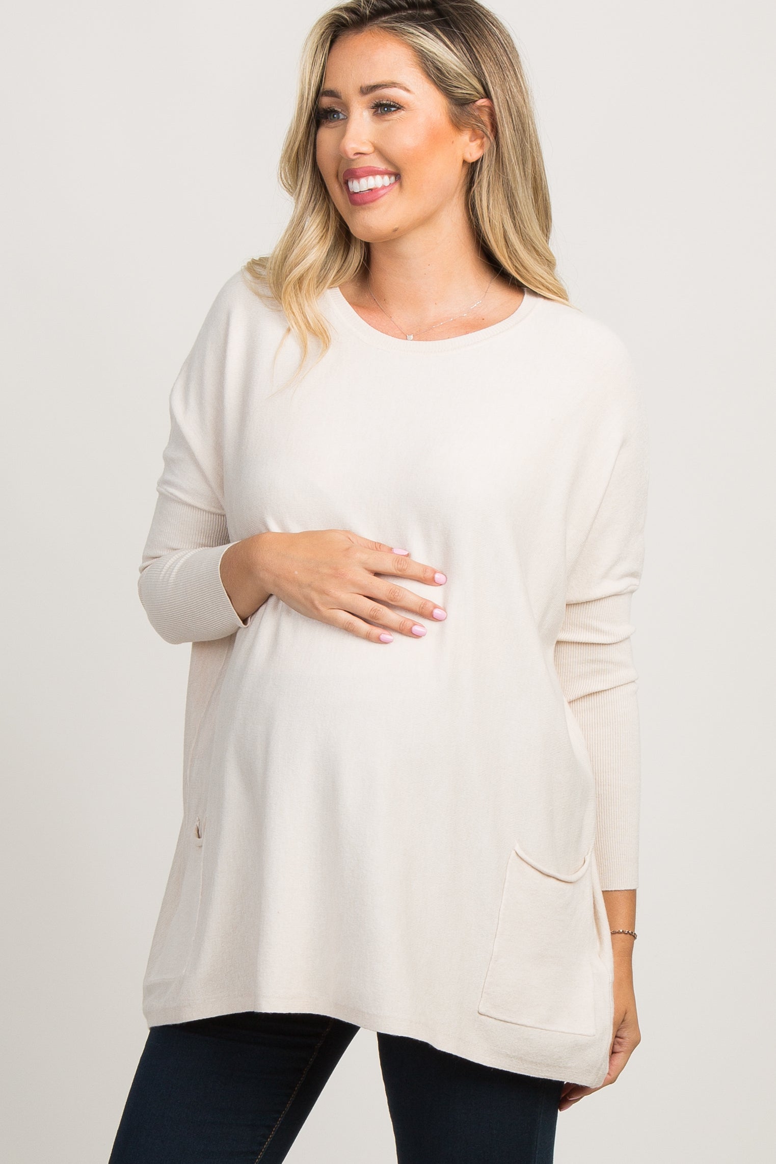 Beige Maternity Top with Pockets & Dolman Sleeves - Comfortable Pregnancy Shirt for Casual Wear, Work & Everyday Outfits