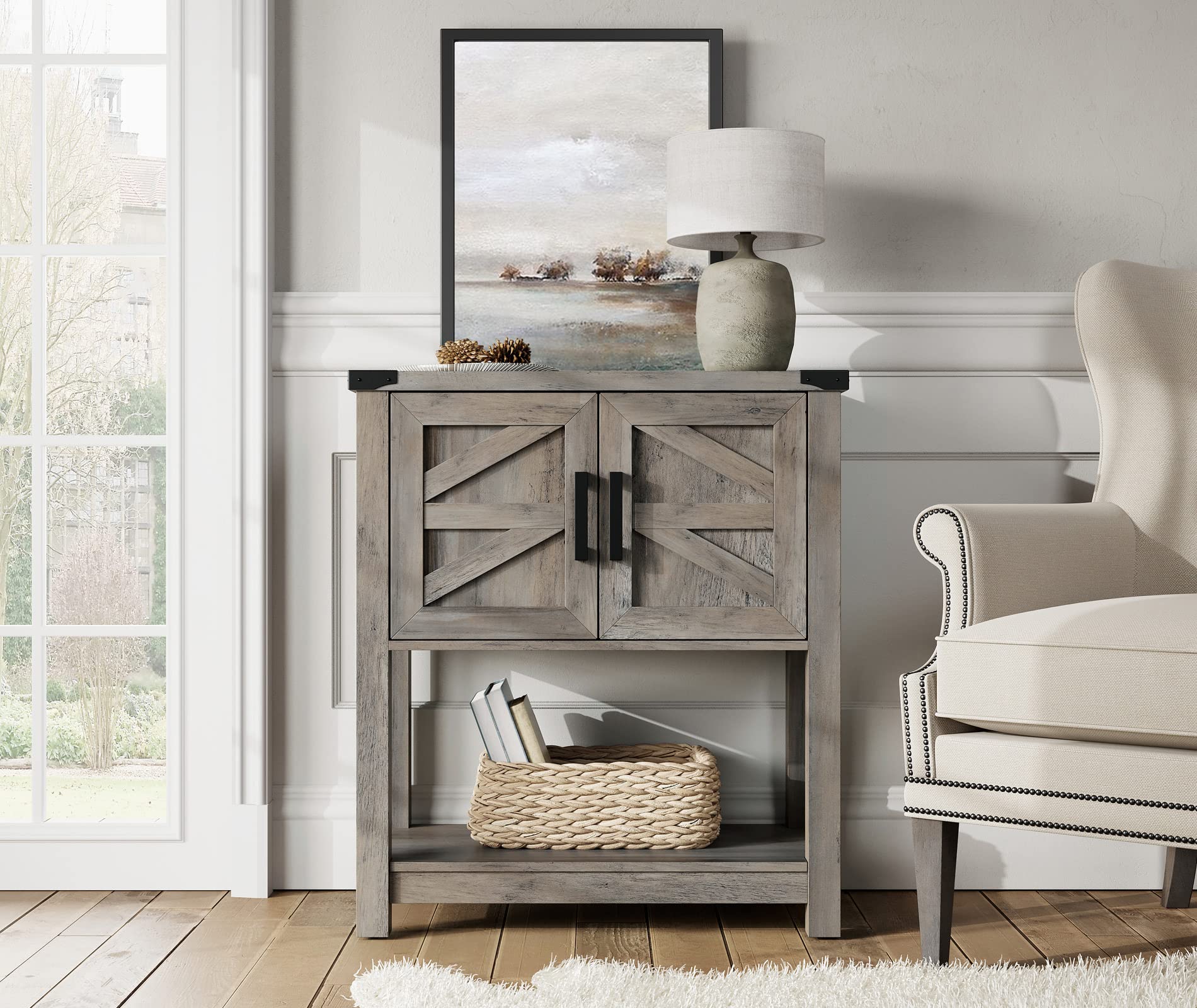 WAMPAT Farmhouse Wood Sideboard Cabinet with Open Storage - Adjustable Shelves & Magnetic Door Catch for Kitchen, Living Room - Rustic Grey Wash Finish | Perfect for Dining Room Storage & Home Decor