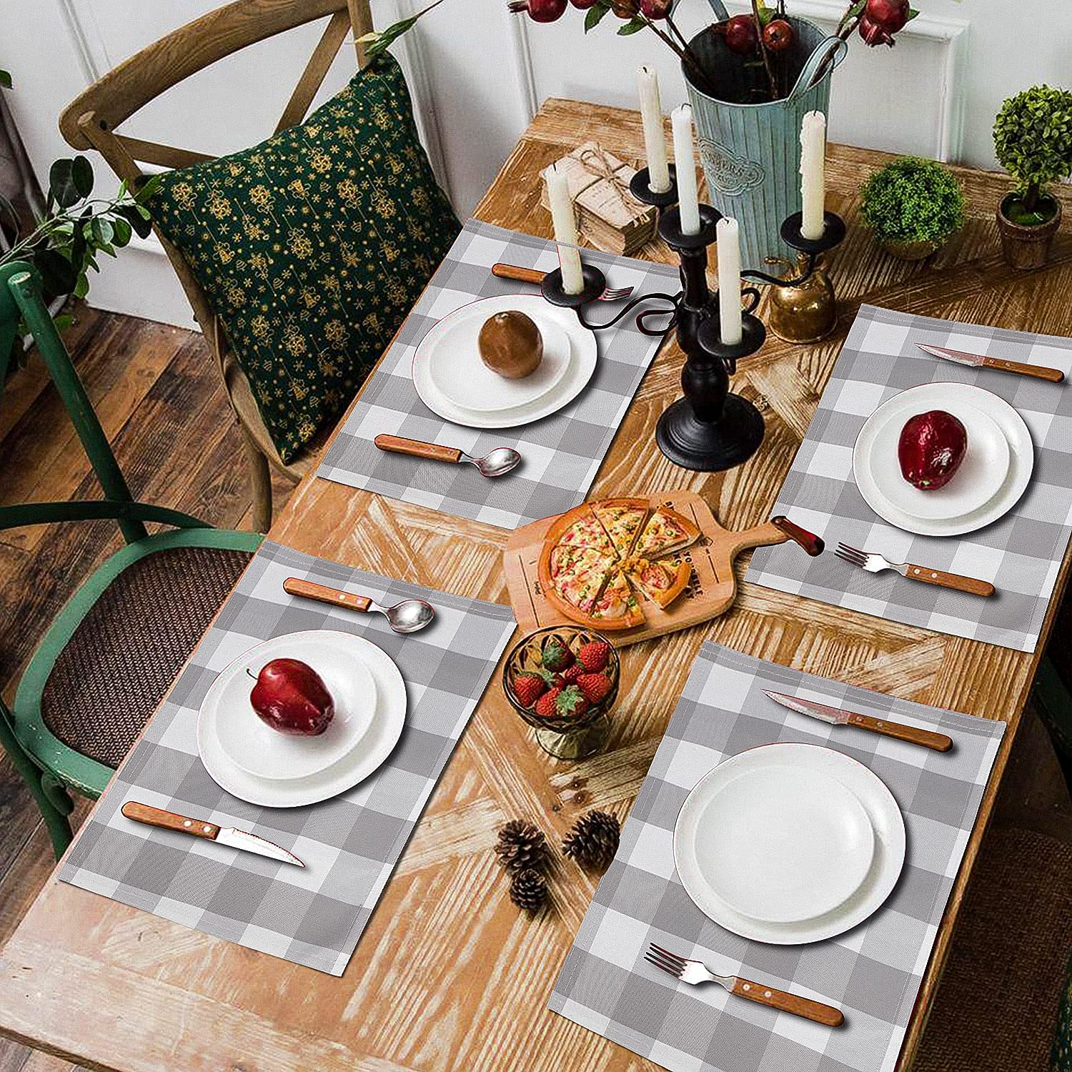Emma's Buffalo Check Placemats Set of 4 - Waterproof Dining Table Mats, Reversible Kitchen Placemats for Everyday Use (Grey and White) - Perfect for Holiday Dinners, Family Gatherings & Casual Meals