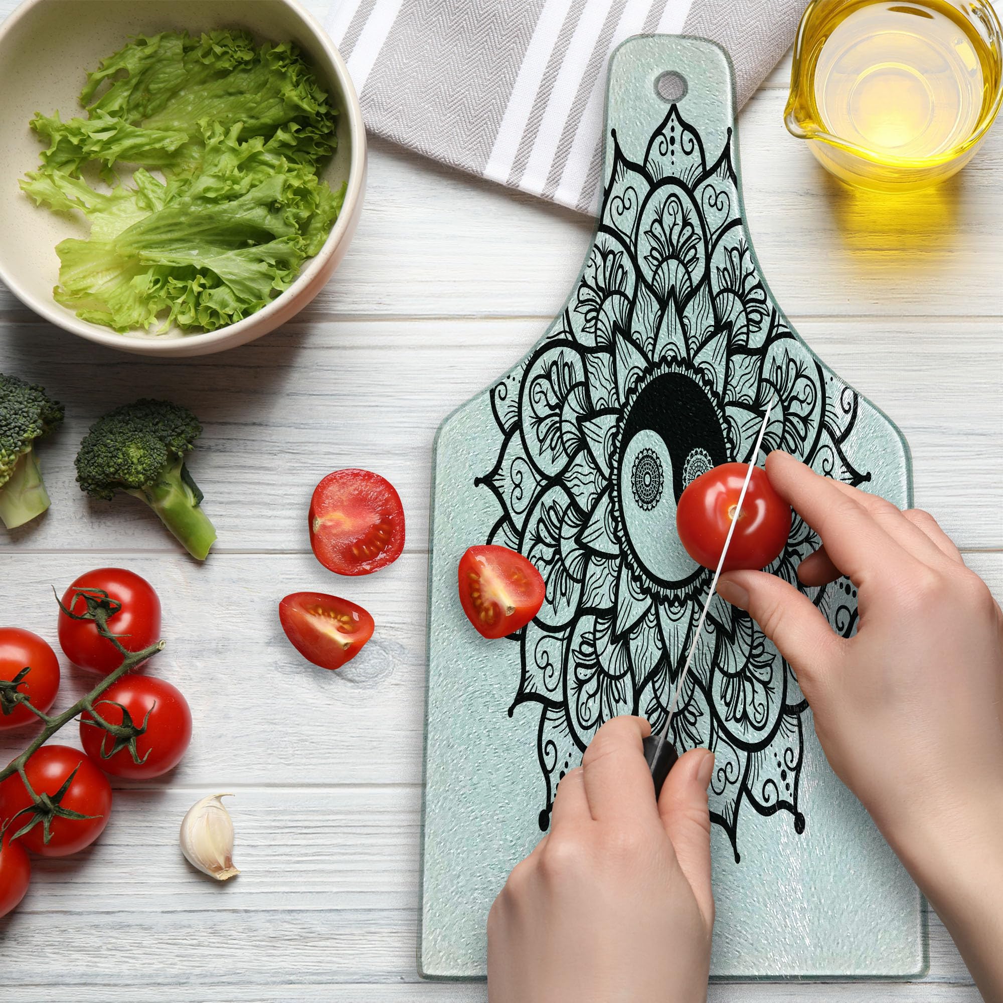 Ambesonne Yin Yang Cutting Board - Retro Floral Mandala Paisley Design, Tempered Glass Serving Board for Kitchen & Dining, Wine Bottle Shape in Black & White - Perfect for Cheese Platters, Charcuterie & Party Serving