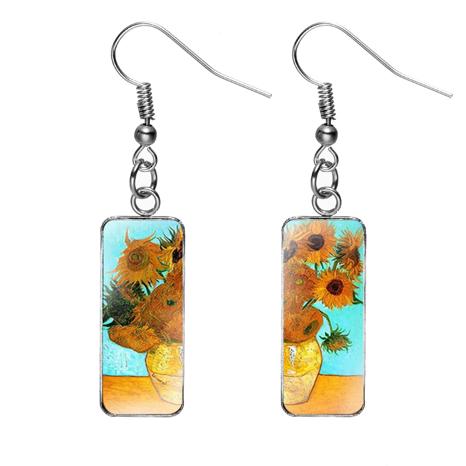 Van Gogh Starry Night & Sunflower Drop Dangle Earrings - Abstract Art Glass Rectangle Earrings for Women | Trendy Bohemian Jewelry Gift for Birthday, Party & Casual Wear