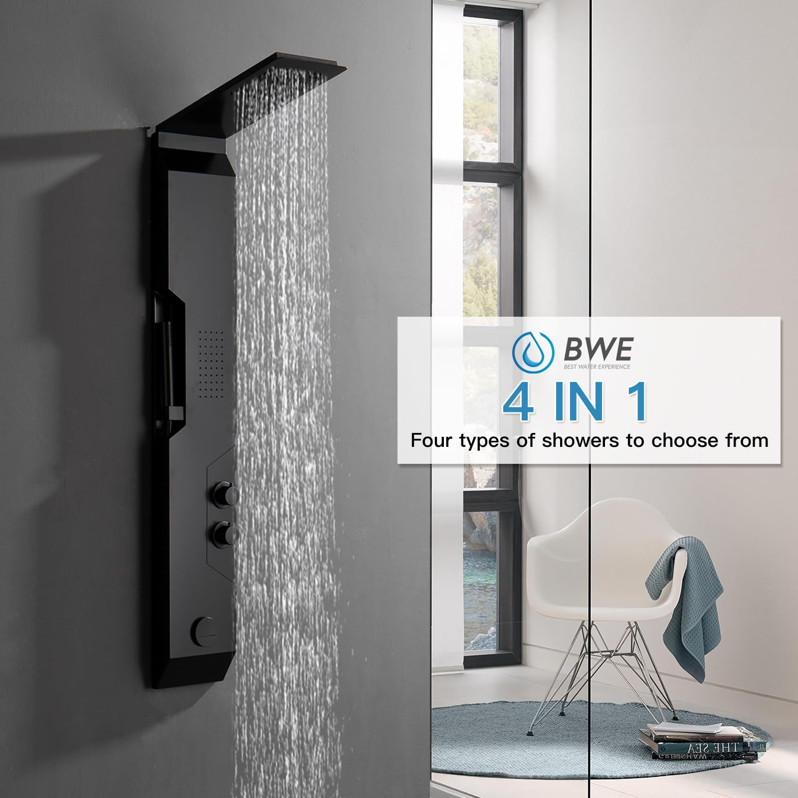 BWE Matte Black 304 Stainless Steel Shower Panel Tower System - Rainfall Shower Head, Body Jets & Handheld Spray - Modern Multi-Function Bathroom Upgrade for Spa-Like Experience at Home