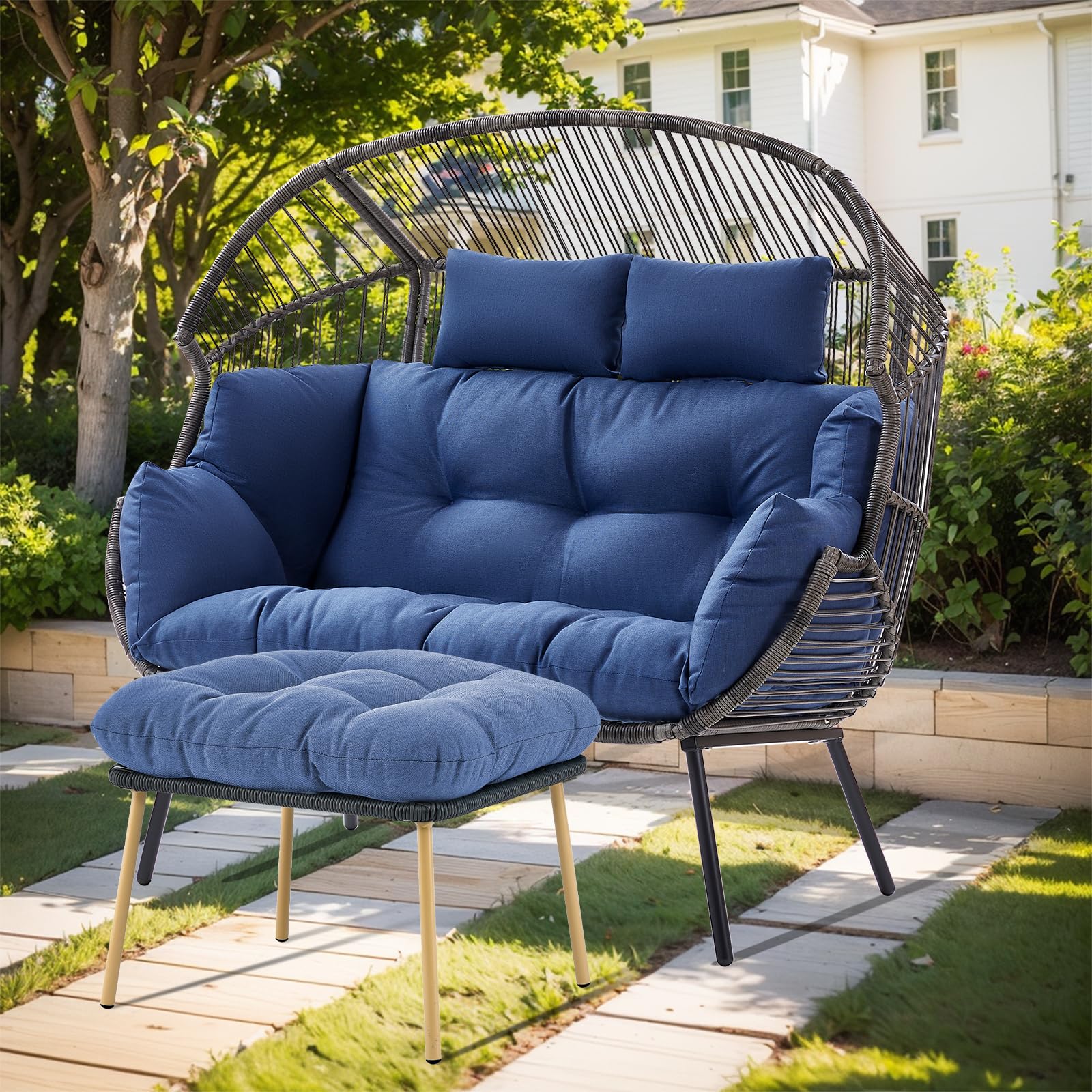 2-Person Outdoor Wicker Egg Chair with Cushions & Pillow - Rattan Tear Drop Basket Patio Lounge Chair for Porch, Deck, Backyard, Garden (Grey/Blue) - Perfect for Relaxing, Sunbathing, and Outdoor Conversations