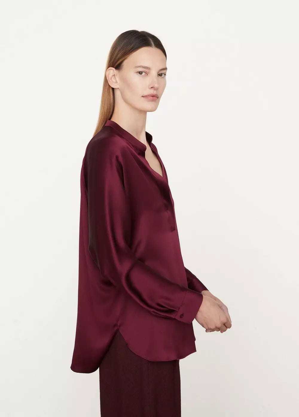 Elegant Band Collar Silk Blouse for Women - Soft Plum Wine Color - Perfect for Office Wear, Evening Parties & Special Occasions