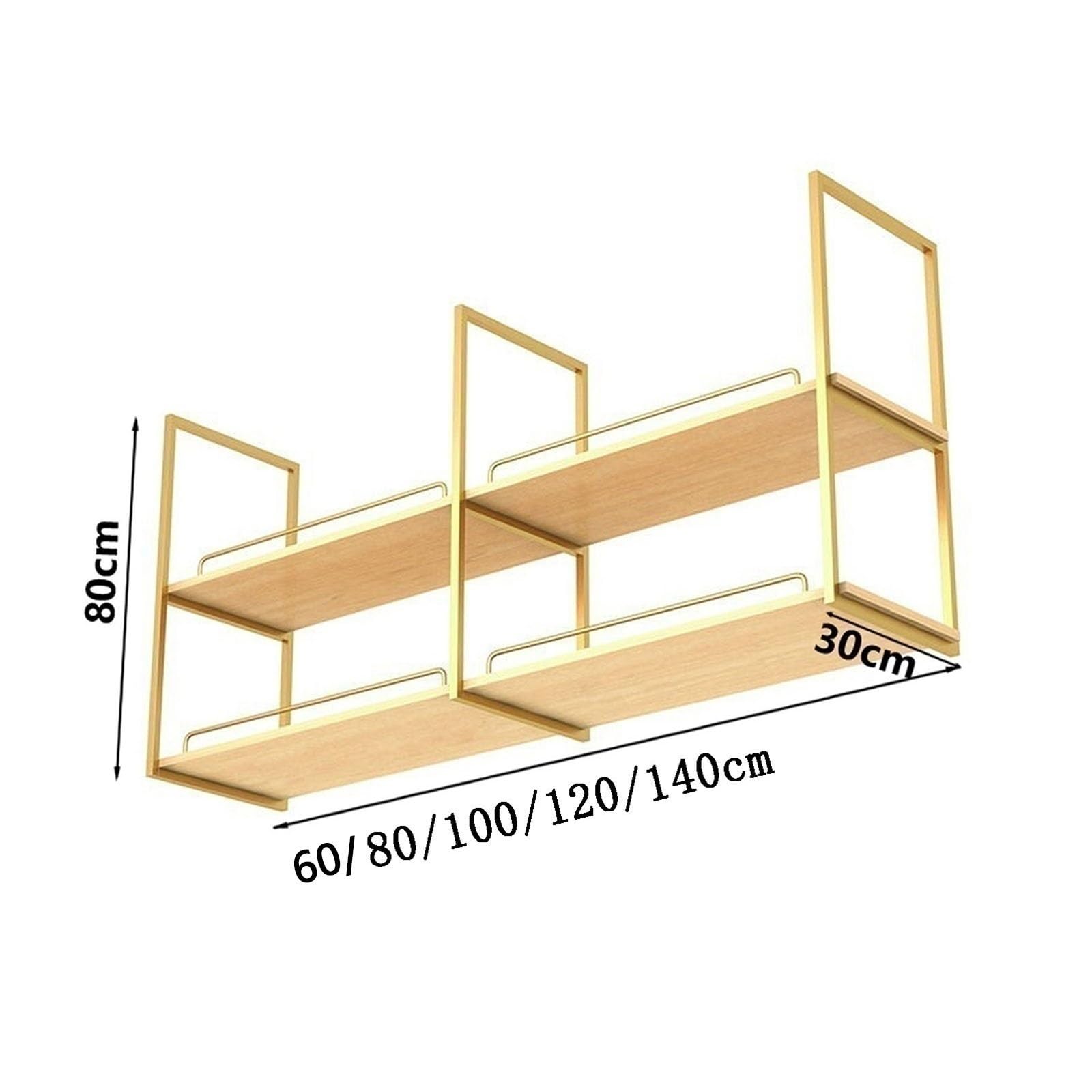 Solid Wood Hanging Storage Shelf - 2-Tier Wall Mounted Ceiling Shelf with Iron Frame, Rustic Wooden Overhead Storage Rack (Gold) - Perfect for Kitchen Pantry, Garage Organization & Bedroom Decor