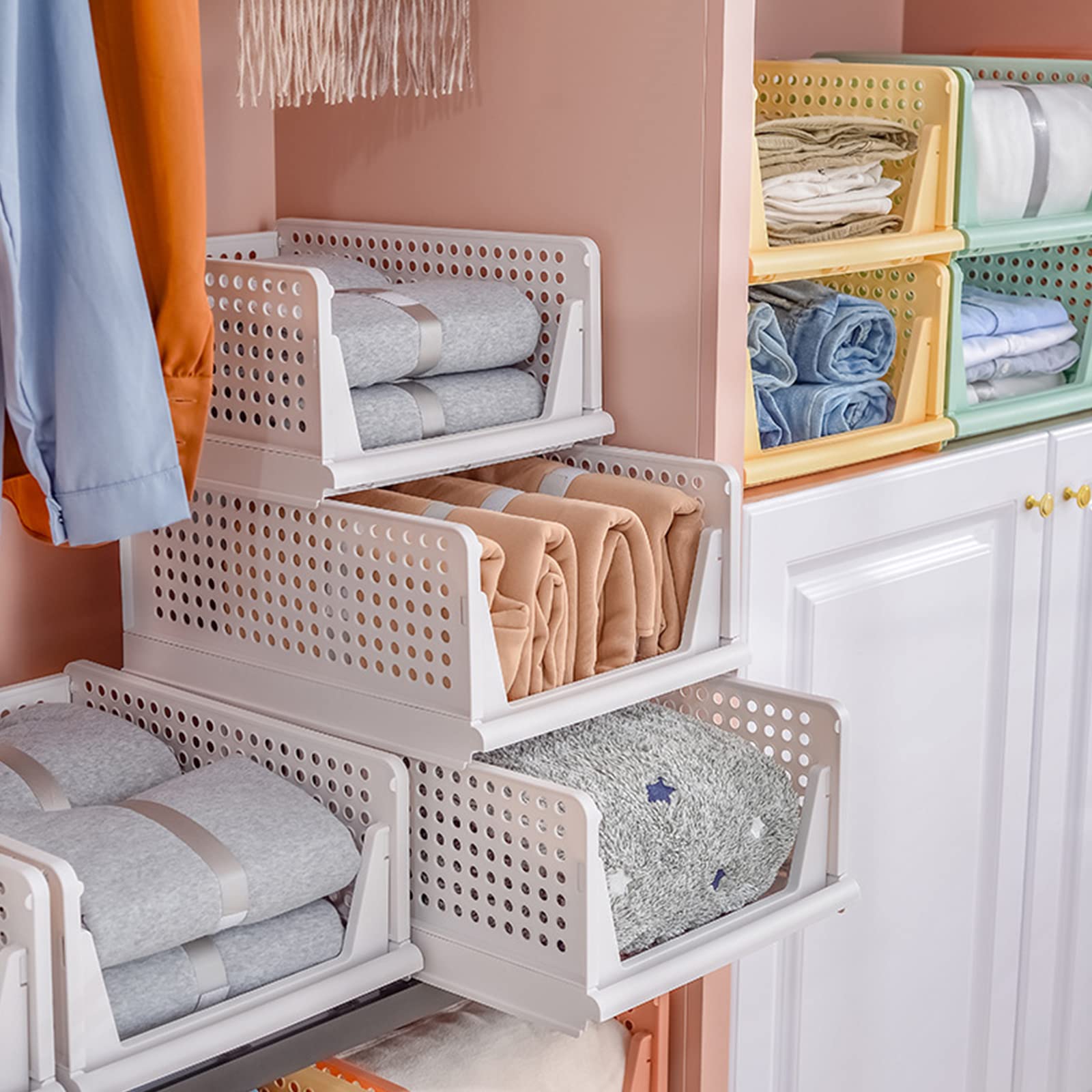 4 Pack Foldable Closet Organizers - Stackable Plastic Storage Bins & Drawer Organizers for Clothes, Underwear, Socks | Space-Saving Wardrobe Storage Solution for Bedroom, Closet & Dorm Organization