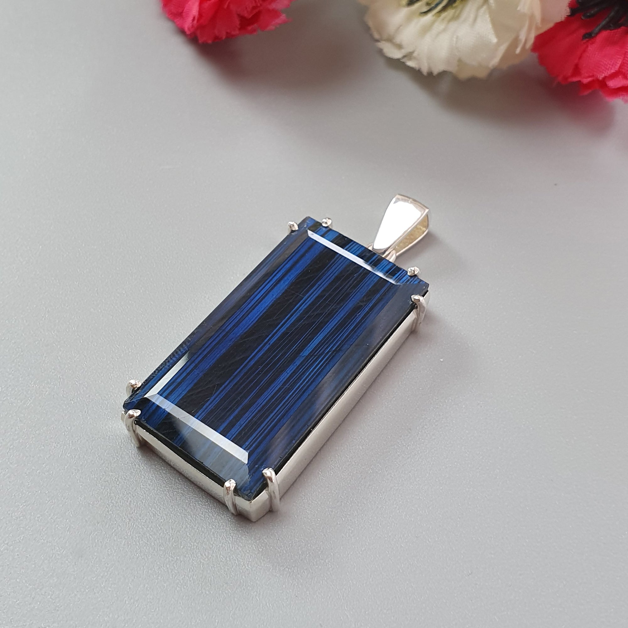 Natural Blue Labradorite Faceted Pendant - 16.99g Untreated Labradorite Baguette Cut in 925 Sterling Silver Prong Setting | Elegant Jewelry Gift for Women, Birthday, Anniversary & Special Occasions