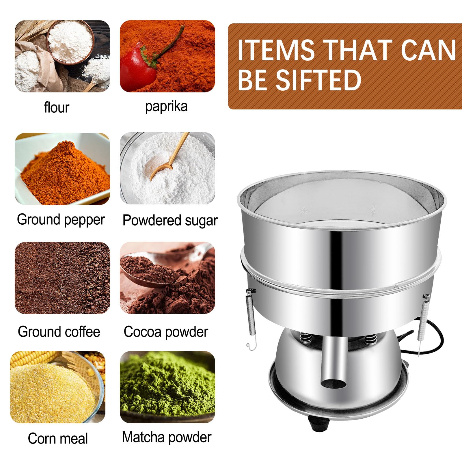 110V Automatic Powder Sifter Machine - 10+60 Mesh Stainless Steel Sieve Shaker with 2 Screens for Flour, Particles & Liquid Materials | Perfect for Baking, Pharmaceuticals & Laboratory Use