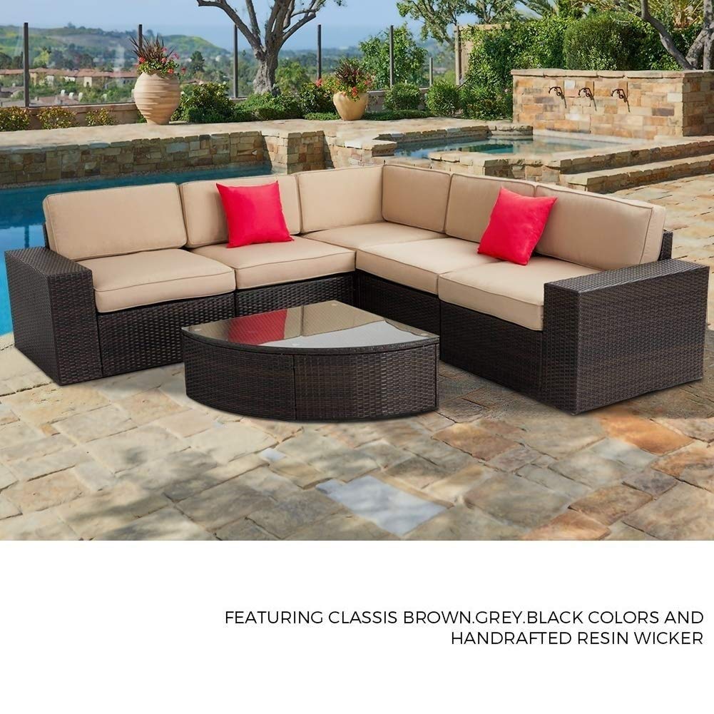 6-Piece Brown Wicker Outdoor Sectional Sofa Set with Wedge Table & Cushions - Patio, Garden, Backyard Furniture for Relaxing & Entertaining